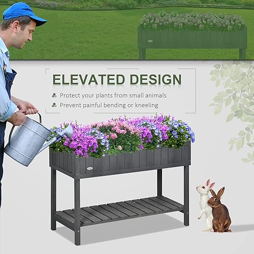 Miniatura 23 de Outsunny Cama de jardín elevada de 43 x 18 x 30 pulgadas con 8 bolsillos y estante, maceta elevada de madera con patas para cultivar hierbas, Marrón