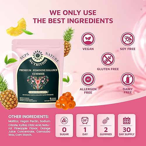 Miniatura 6 de Organic Natural Sourcing - Gomitas de equilibrio de pH femenino prémium para la salud de la mujer, apoyo inmunológico, sabor a piña hawaiana, sin