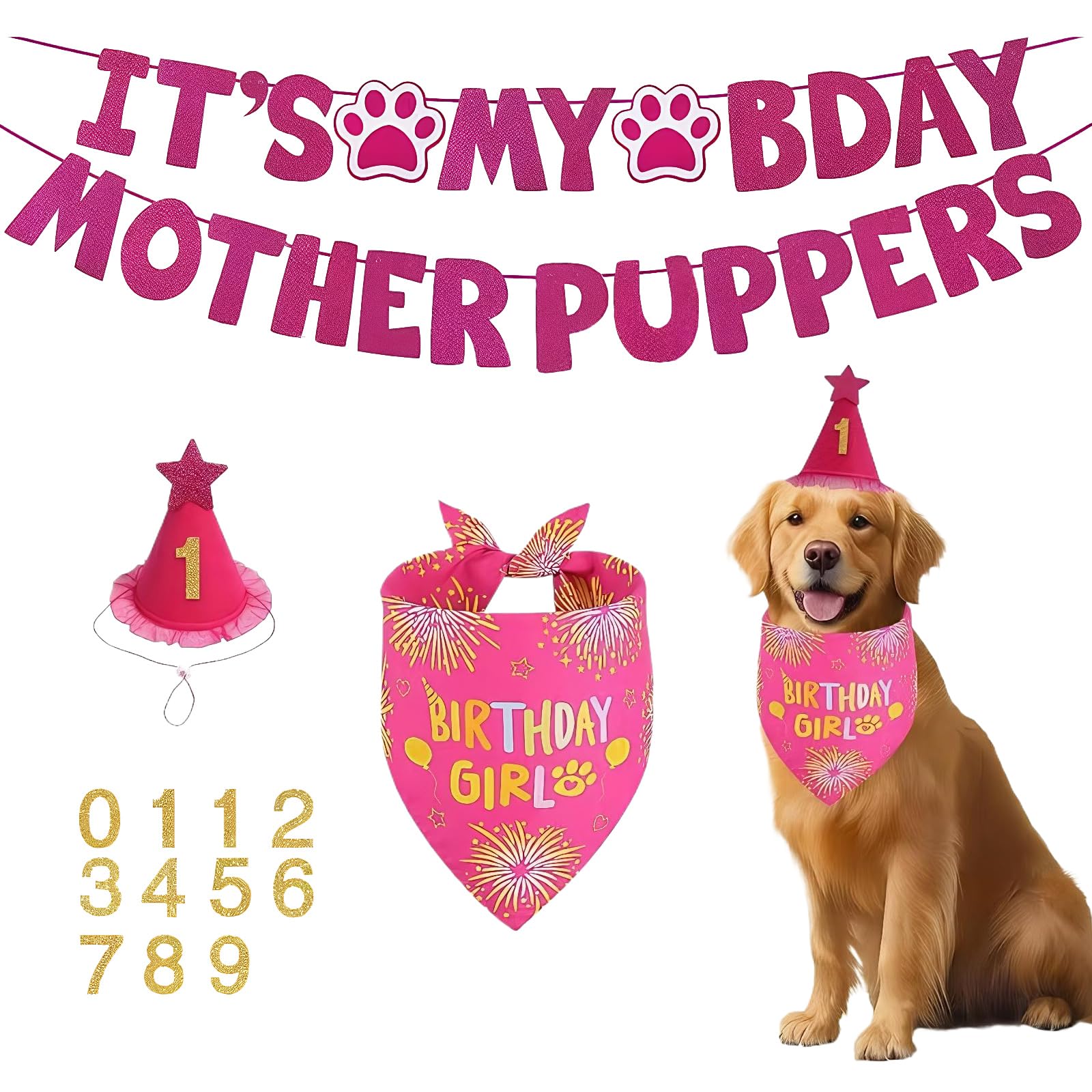 4 PCS Dog Birthday Bandana Kit with Dog Birthday Hat,Banner,0-9 Numbers,Celebration Accessories for Small Medium Large Dogs