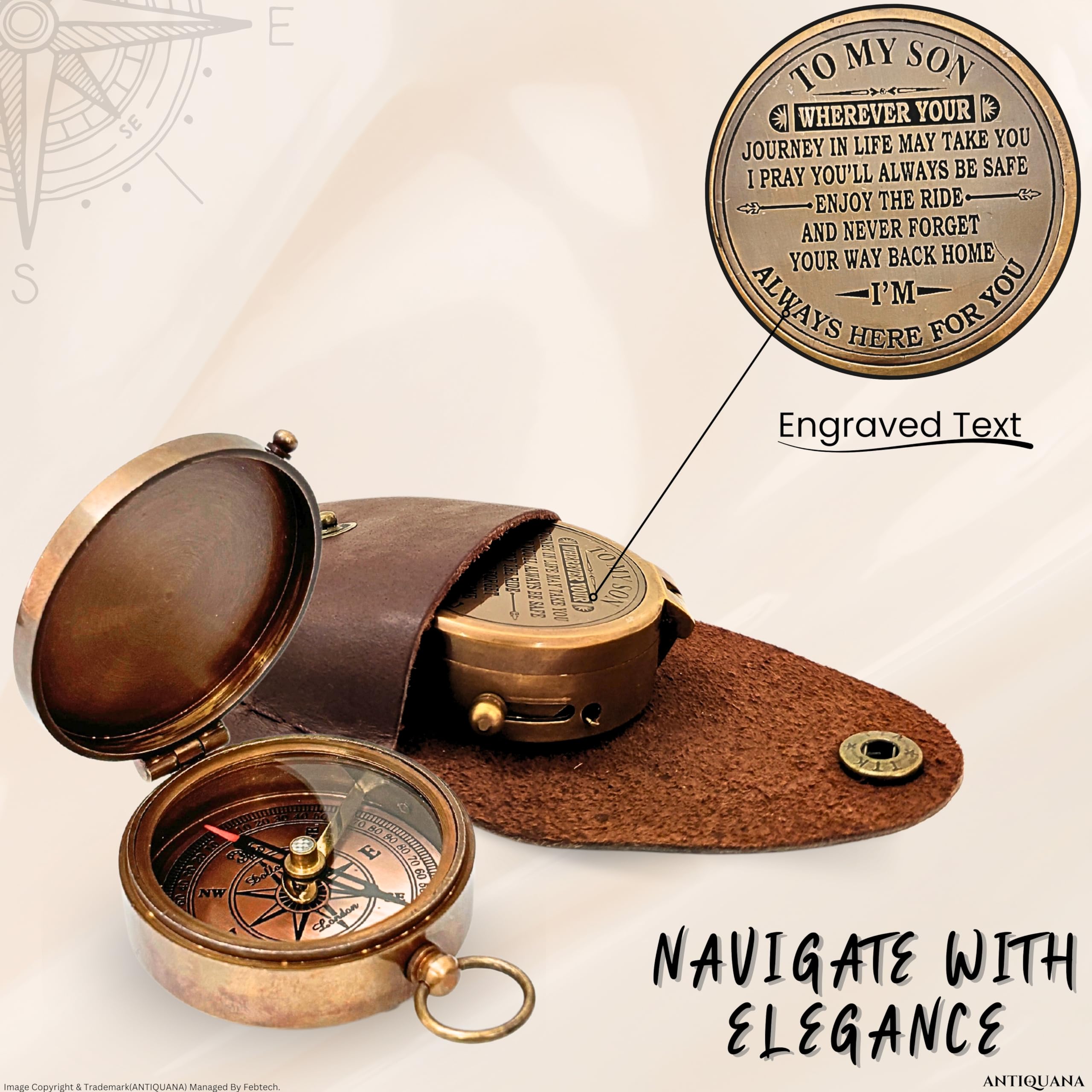 ANTIQUANA Brass Compass Unique Print To My Son Compass With Leather Case Antique Brass Compass With Chain A Great Gift Item For Your Loved Ones Hikers And Traveler By , Brown, 50 Mm X 18 Mm