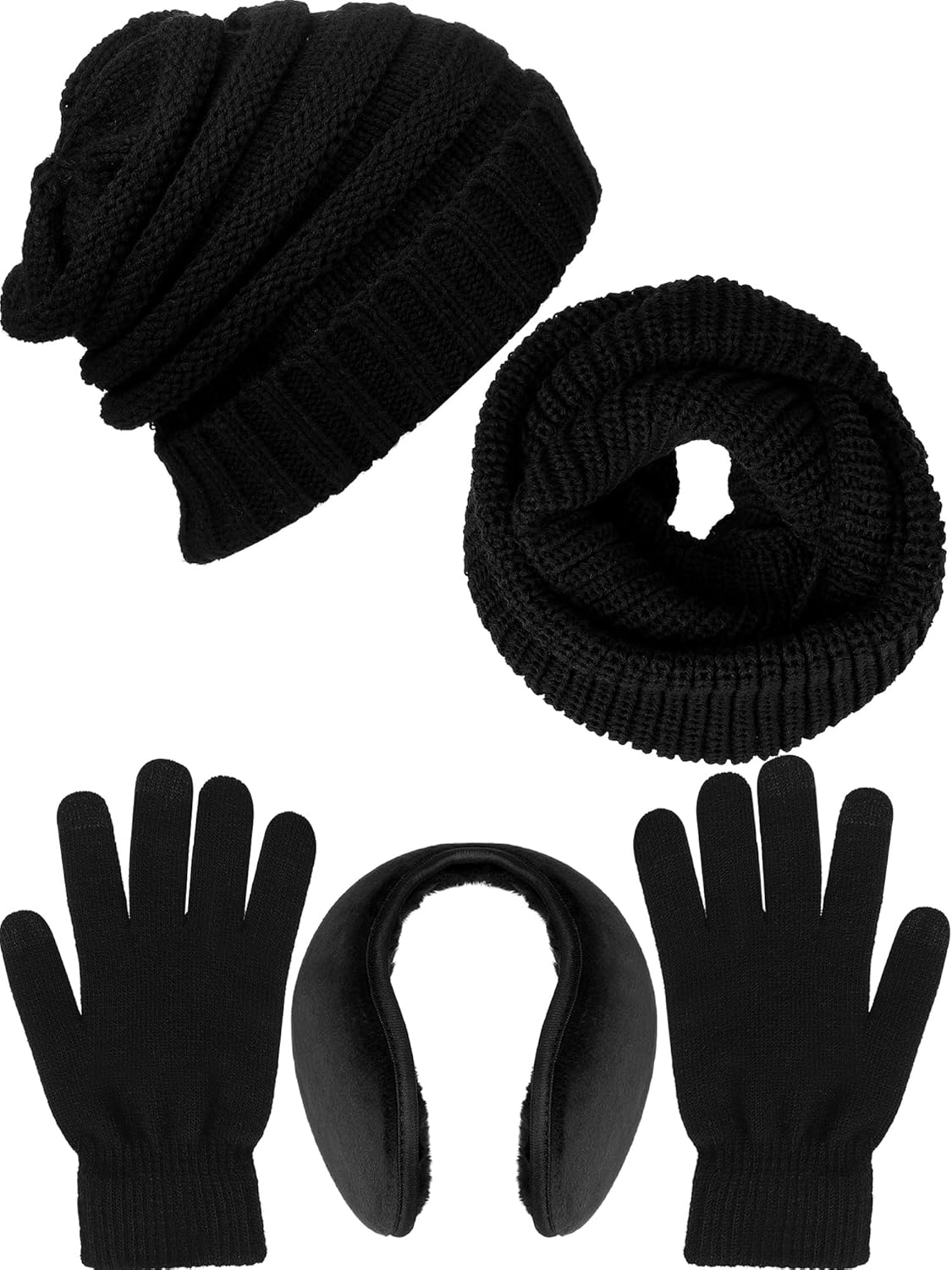 Winter Warm Knitted Scarf Beanie Hat Gloves and Earmuff Set for Men and