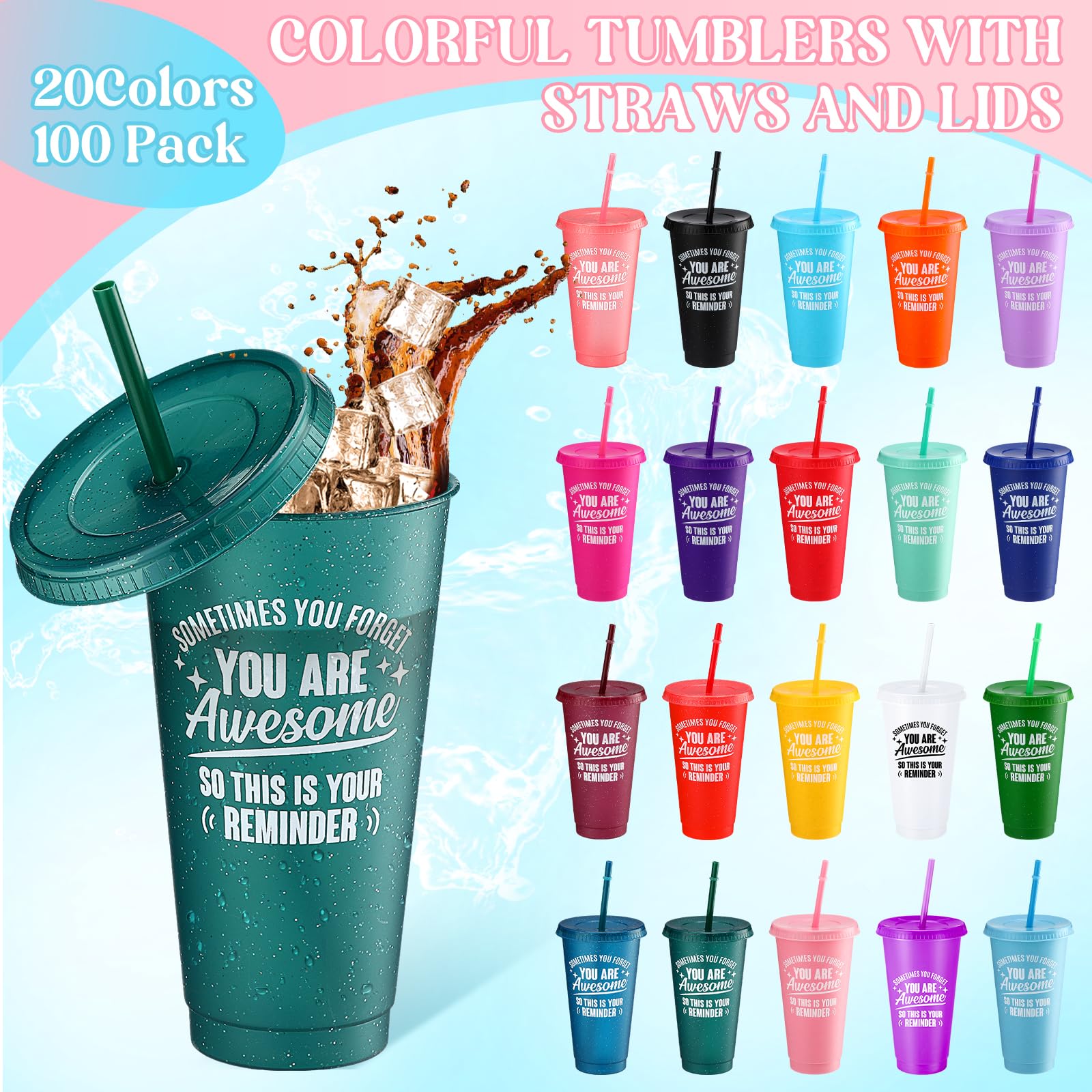 Lot de 100 tasses à café en plastique avec couvercles et paille « Thank You Are Awesome » – Gobelets réutilisables avec couvercles et paille – Cadeau inspirant pour collègue, enseignant, collègue,