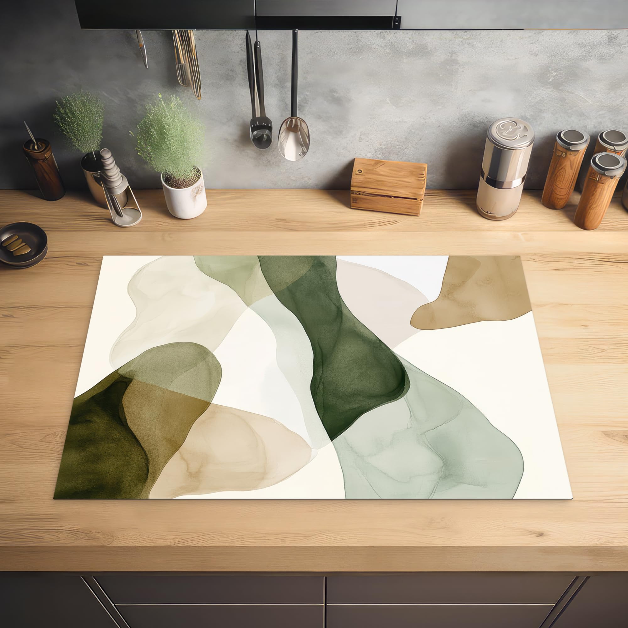 KitchenYeah© Inductie Beschermer 78x52 cm Keuken Decoratie Kookplaat Beschermer voor Inductiekookplaat Afdekplaat Anti Slip Mat - Japandi - Abstract - Groen