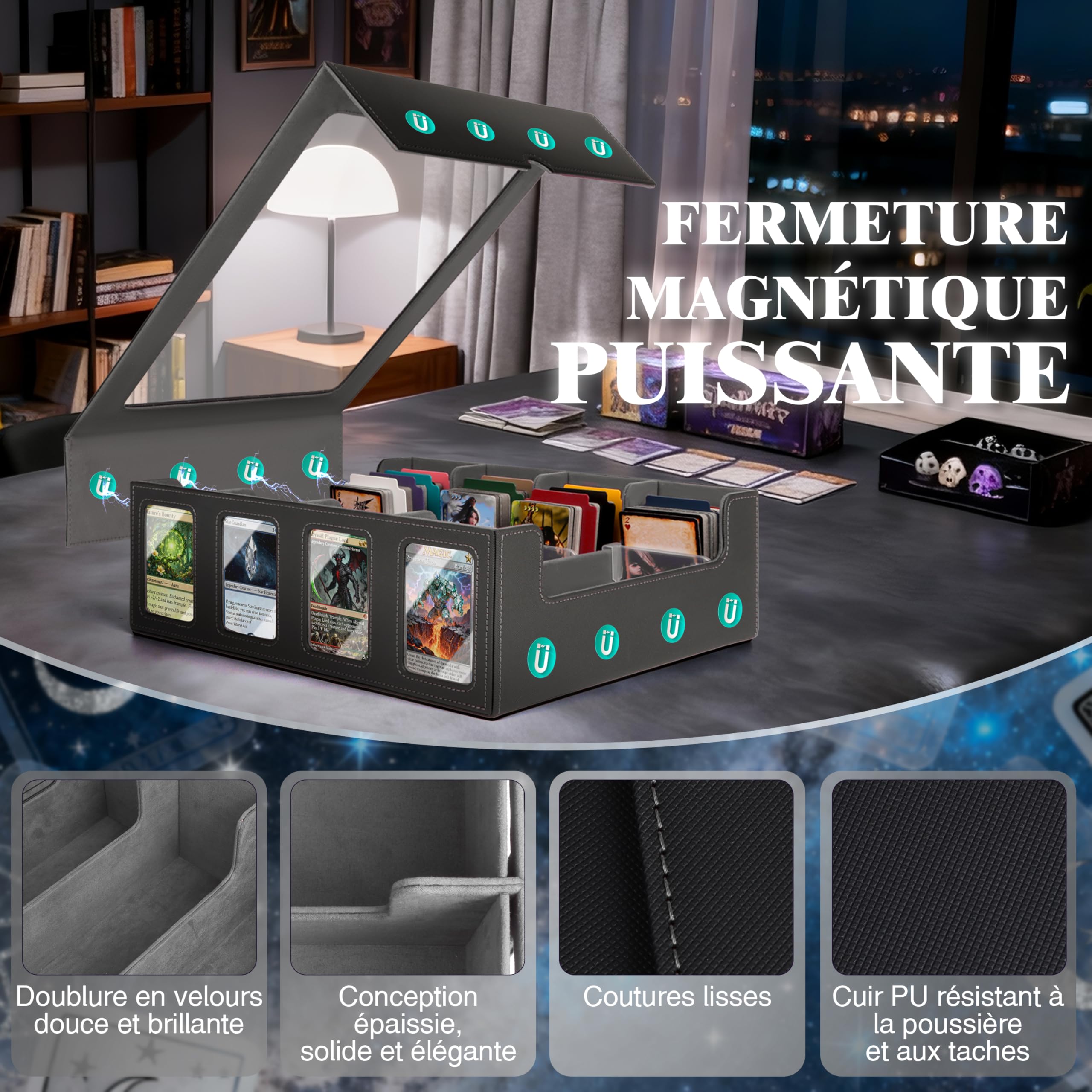Charmofun Boîte Rangement Carte, Boîte à Cartes pour Plus de 2400+ Cartes Avec 10 Séparateurs, 4 Blocage et Plateau à Dés, Boîte à Rabat Magnétique Avec Cuir Pu et Poignée (Gris, 2400+)