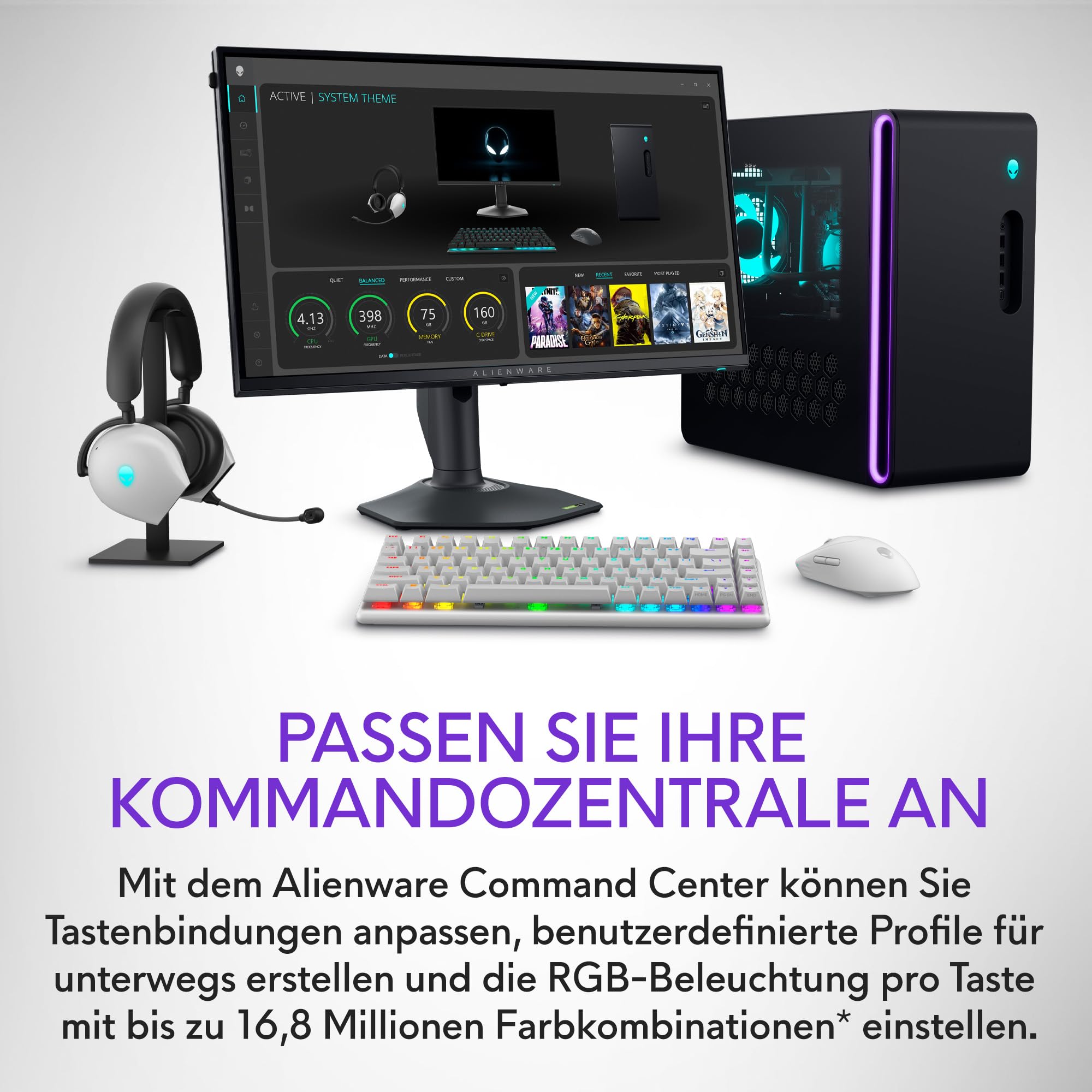 Alienware Pro Kabellos Gamingtastatur LL, 75% Formfaktor, AlienFX RGB | Lineare mechanische Switches, Hot‑Swap, 2,4 GHz Bluetooth / USB‑C, PBT‑Tastenkappen, 5 Profile, US QWERTY, Lunar Light