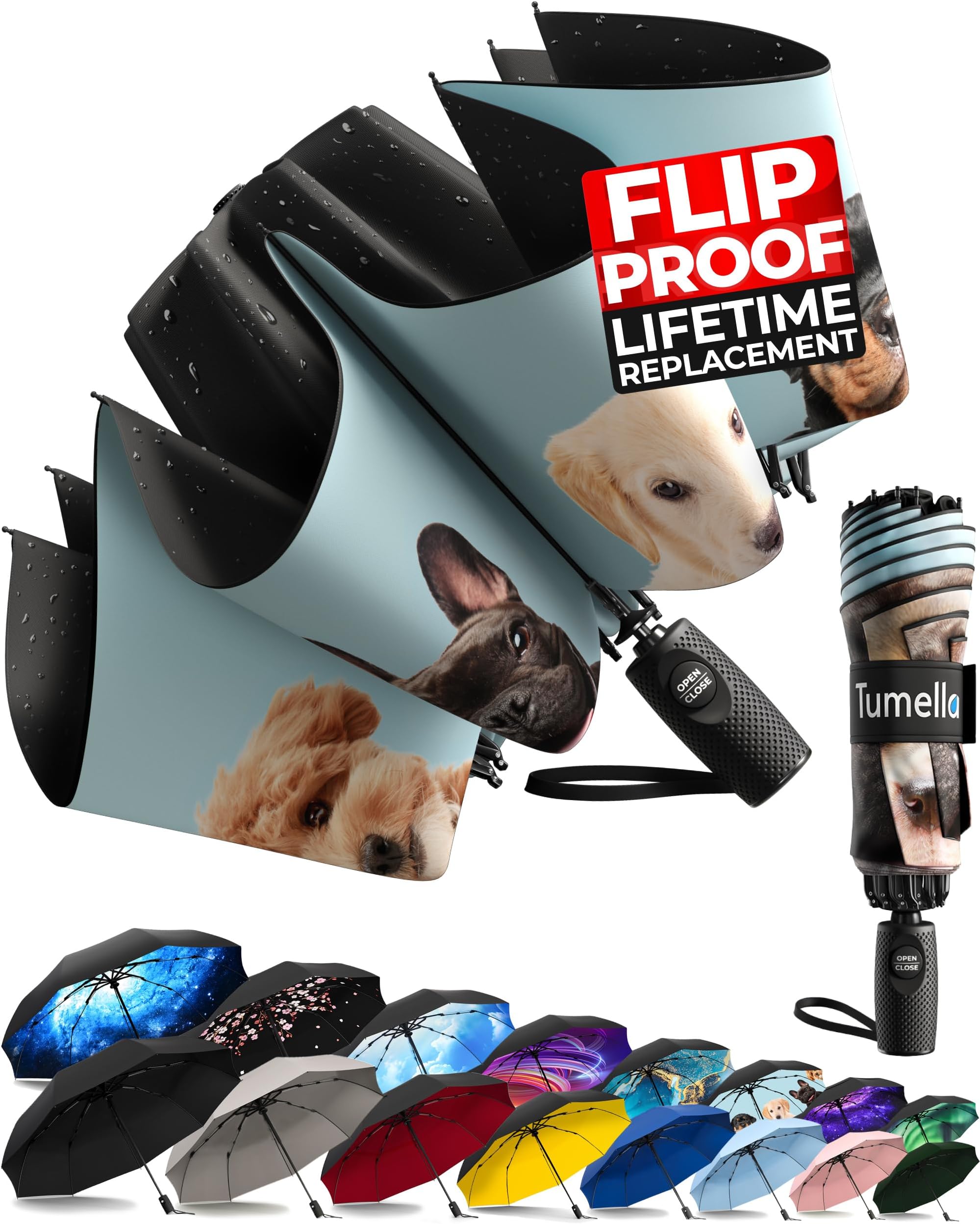 TUMELLA Flip-proof Inverted Travel Umbrella, Small Strong but Light Portable and Automatic Reverse Folding Rain Umbrella, Durable Premium Grip, Fits Car & Backpack
