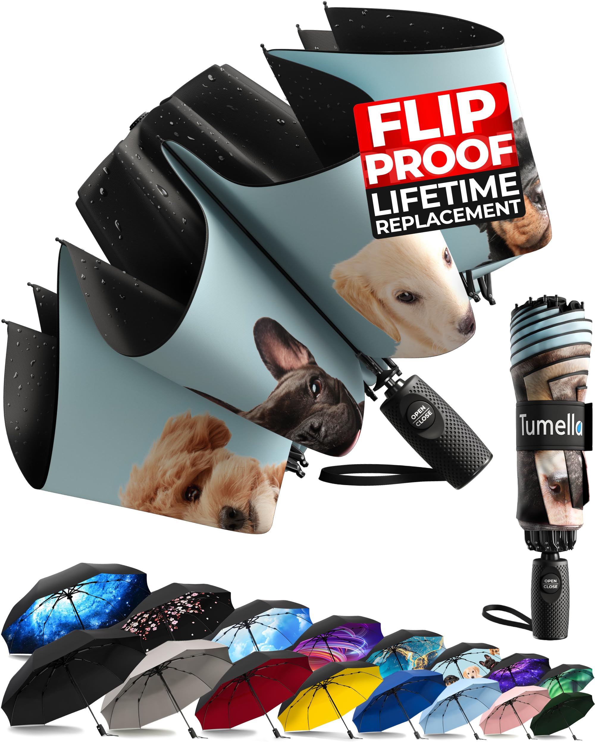 TUMELLA Flip-proof Inverted Travel Umbrella, Small Strong but Light Portable and Automatic Reverse Folding Rain Umbrella, Durable Premium Grip, Fits Car & Backpack