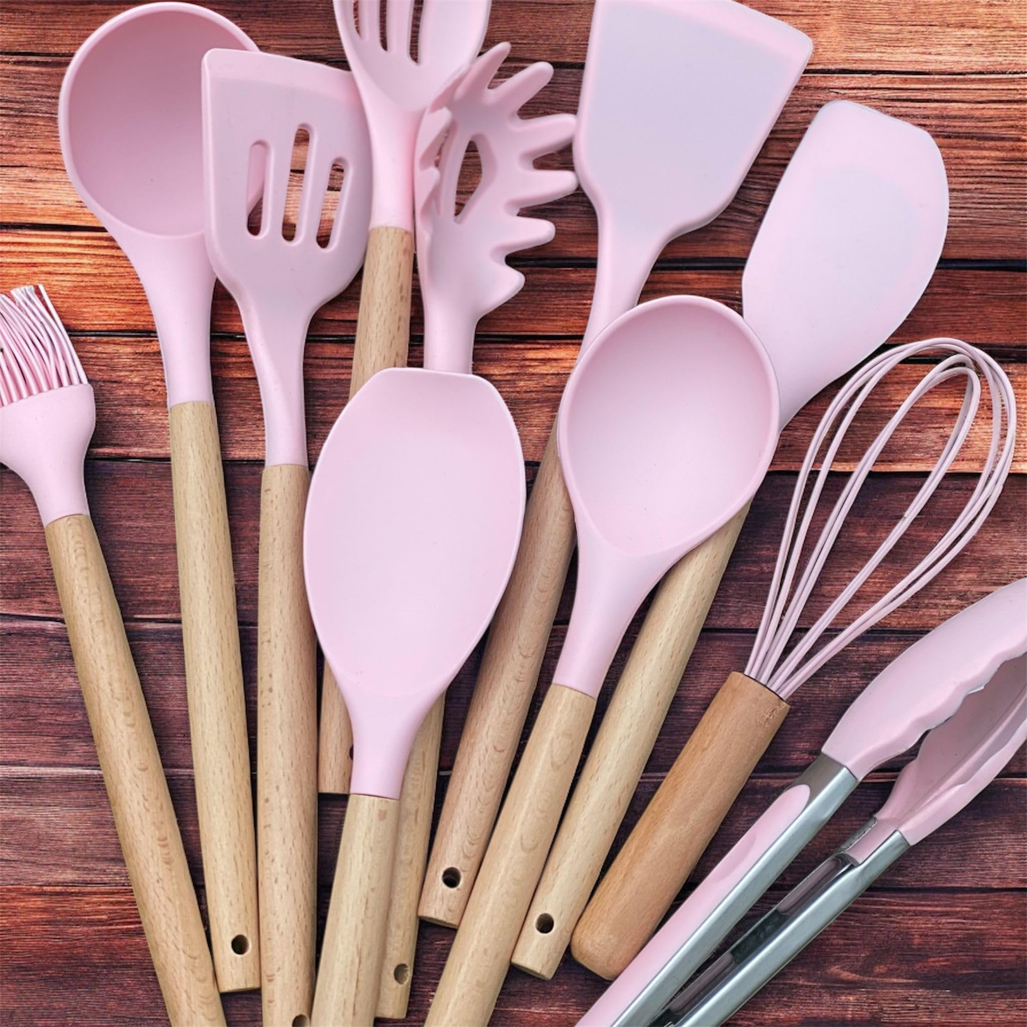 AHASON'S Set di 33 utensili da cucina in silicone antiaderente con supporto, manico in legno resistente al calore, set di utensili da cucina in silicone