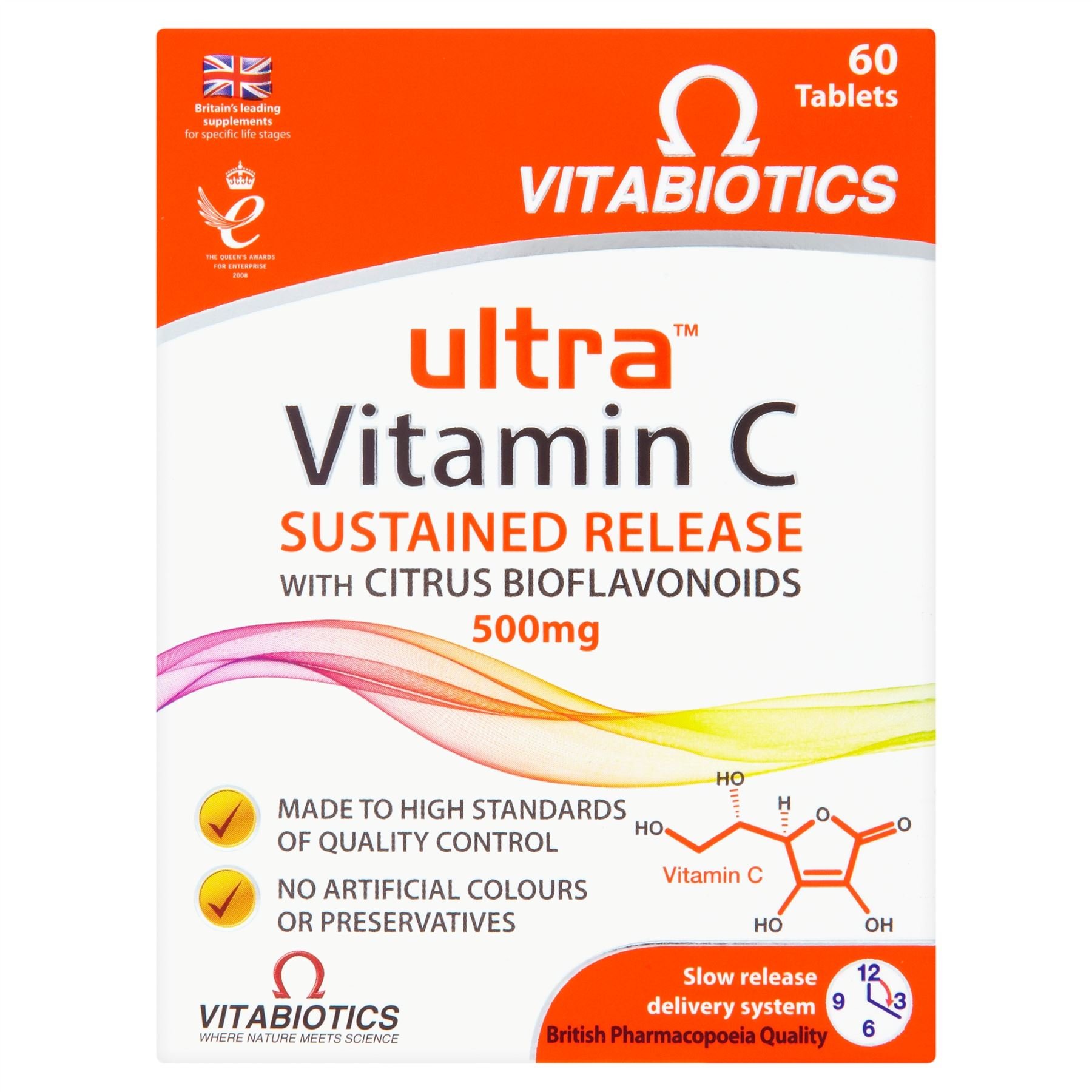 Vitamin C (Ascorbic Acid [Carrier: Hydroxypropylmethylcellulose]), Bulking Agents: Dibasic Calcium Phosphate & Microcrystalline Cellulose, Sustained Release Agent: Hydroxypropylmethylcellulose, Citrus Bioflavonoids, Anti-Caking Agents: Magnesium Stearate and Silicon Dioxide, Xanthan Gum