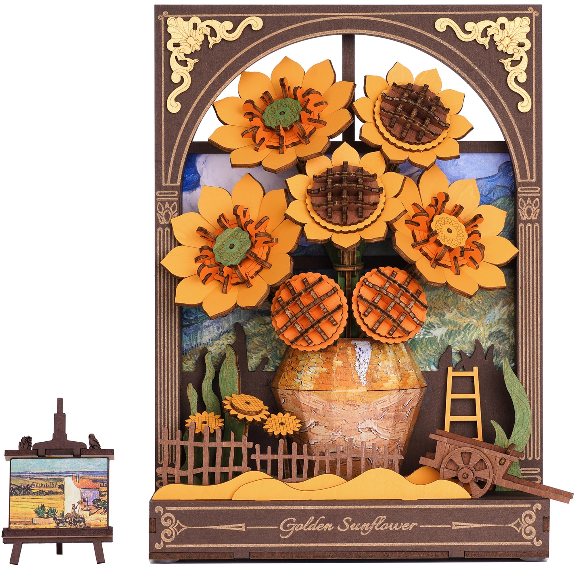 ROBOTIME 3D Wooden Puzzle Sunflowers, Wooden Art Kit with LED Light, DIY Model Kit for Adults, Hangable Wall Decor, Creative Craft Gift for Art Lovers — image 1