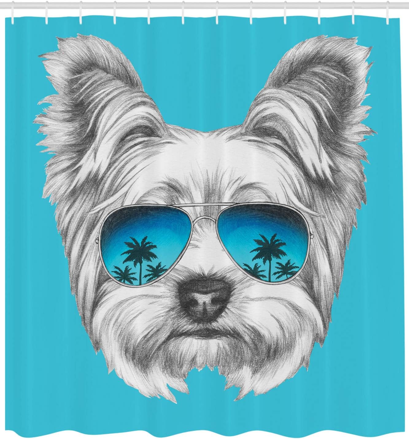 Ambesonne Yorkie Shower Curtain, Yorkshire Terrier Portrait with Cool Mirror Sunglasses Hand Drawn Animal Art, Cloth Fabric Bathroom Decor Set with Hooks, 69" W x 70" L, Blue White