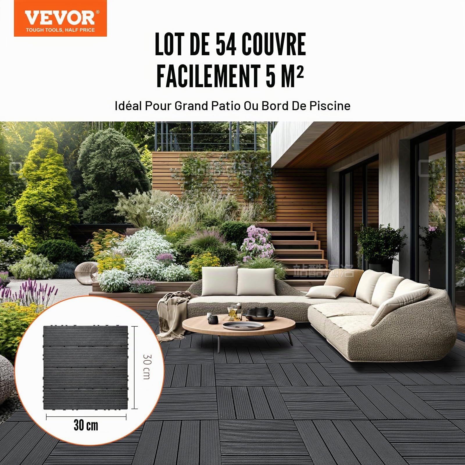 VEVOR Dalles de Terrasse Emboîtables, Lot de 54, Revêtement de Sol Plastique Imperméable, 300 x 300 mm, 50166 c㎡, Utilisation par Tous les Temps, pour Porche, Piscine, Balcon, Arrière-cour, Gris Foncé