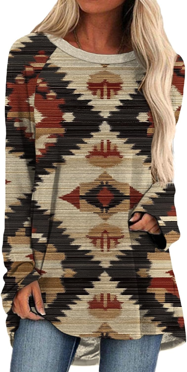 ZOCANIA Western Sweatshirt for Women Vintage Aztec Print Crewneck Country Shirts Womens Long Sleeve Native American