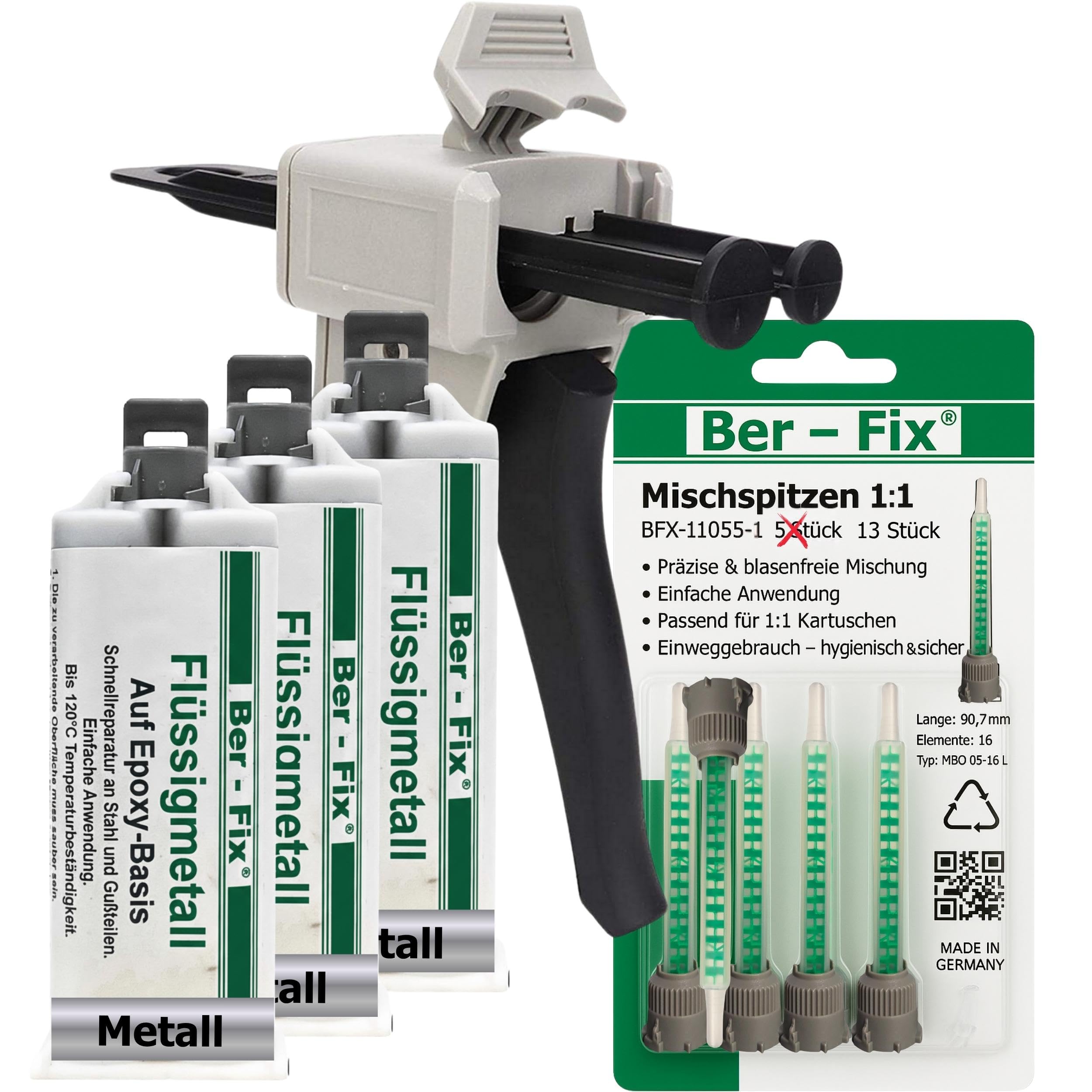 Ber-Fix 3 x 50 g + pistola + 10 puntas de metal líquido resistente al calor 2 componentes pegamento 120 °C metal resistente al calor también como espátula de metal frío pegamento metal metal | Pegamento epoxi de metal líquido 3 x 50 g + 13 boquillas mezcl