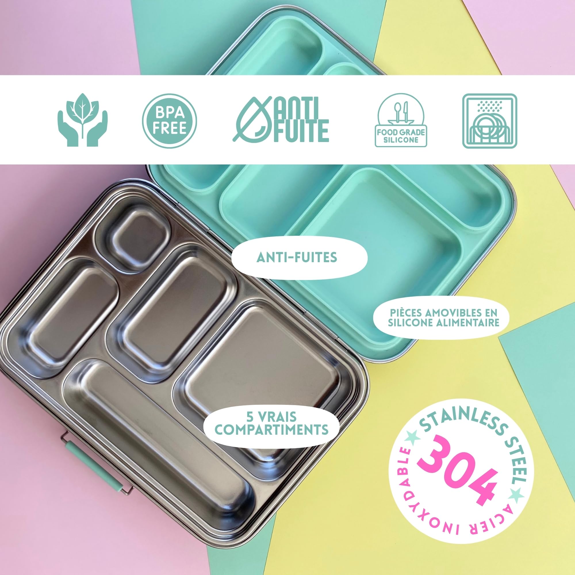 Boîte repas enfant en acier inoxydable avec 5 compartiments, 2 pots hermétiques et autocollants réutilisables, sans BPA, pour l’école