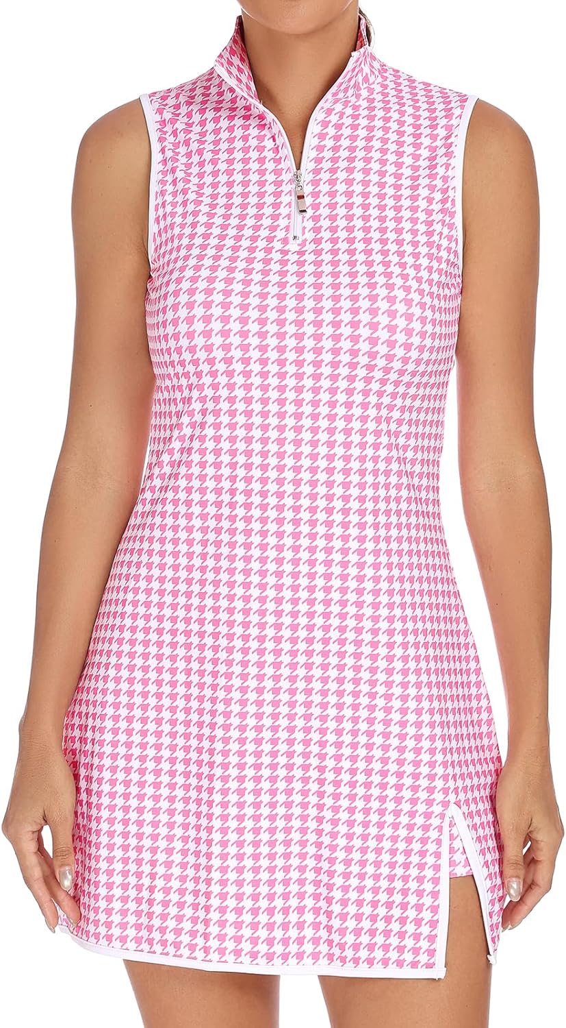 Koscacy Womens Zip Front Tennis Dress Stand Collar Sleeveless Workout Golf Dresses Build in Shorts with Pockets