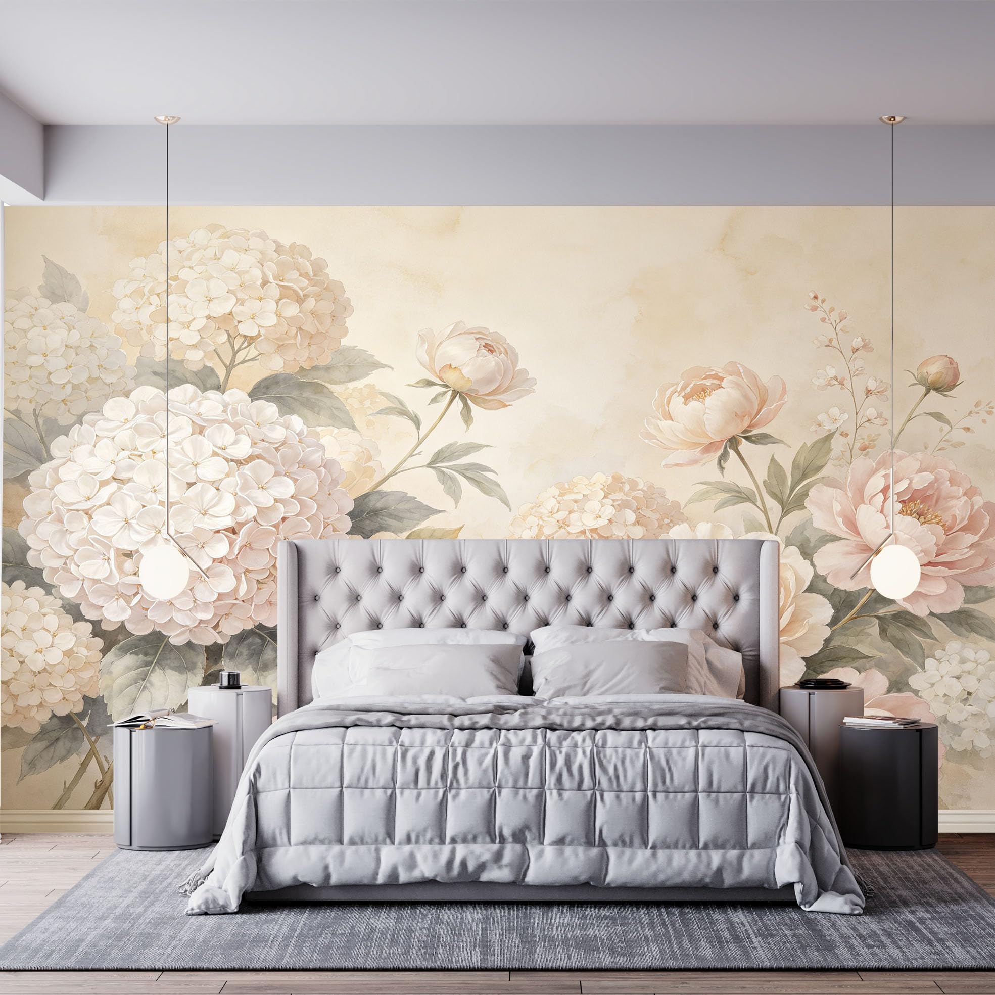 Akwarela piwonia hortensja kwiatowa fototapeta romantyczna botaniczna kwiatowa tapeta z włókniny francuski vintage ogród botaniczny fototapeta 250 x 175 cm kremowy beżowy cecha ściana do salonu Bedro