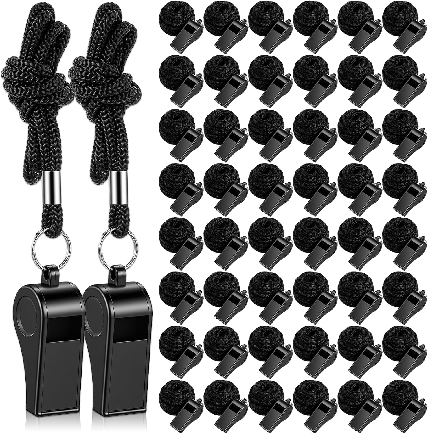 50 Pcs Whistles Bulk with Lanyard, Black Plastic Sports Whistles Reusable Loud Sound Whistle for Coaches, Referees, Outdoor Sports