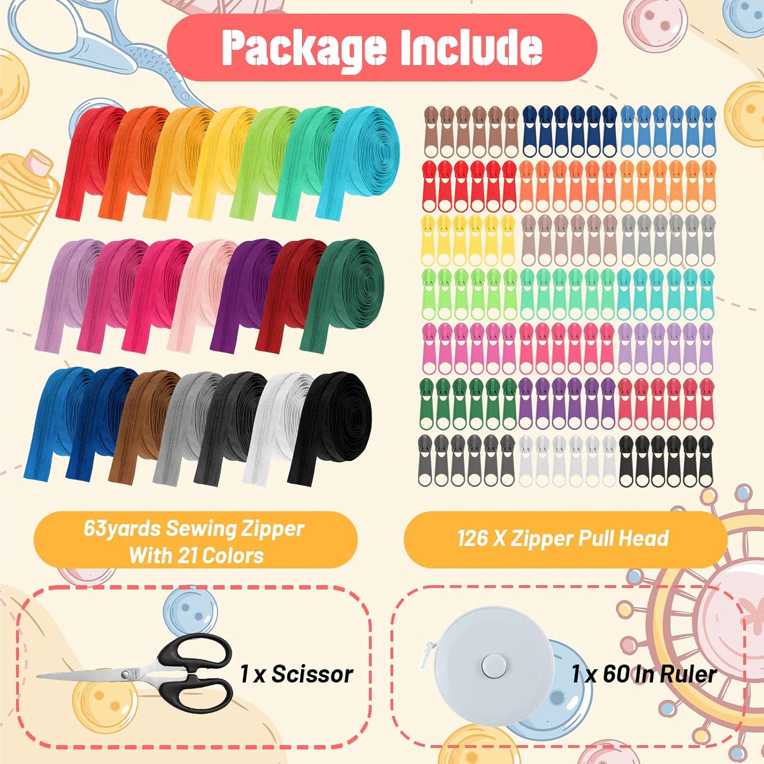 63 Yards 21 Colors Sewing Zippers Bulk #5 Nylon Coil Zippered, with 126 Assorted Colorful Pcs Pull Heads, Scissor, Ruler, for DIY Sewing Crafts Zipper Tape for Clothes, Bag, Purse Making Supplies Kit