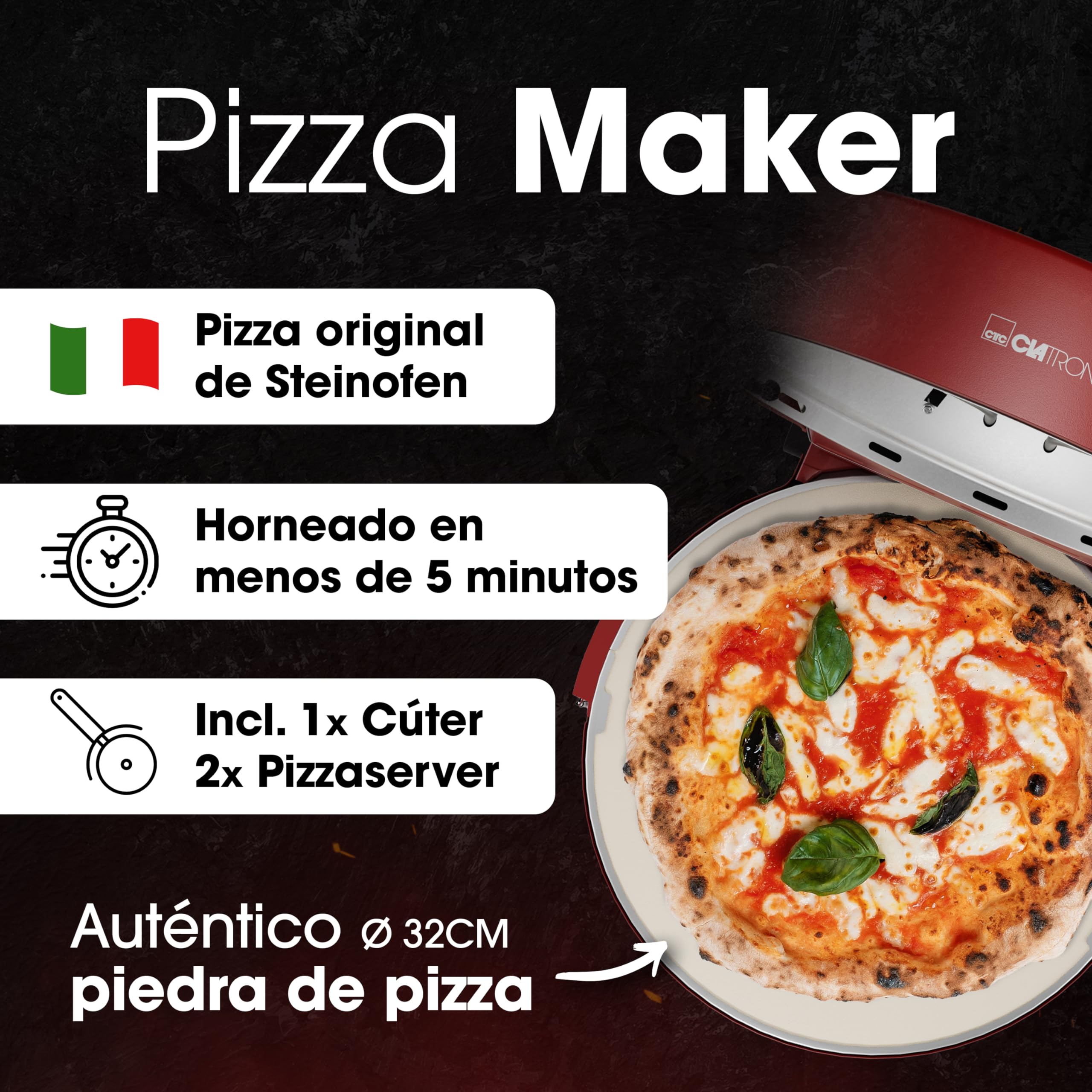 Horno de pizza Clatronic® | Pizzarette 350°C para pizza al horno de piedra en casa | también para pizzas congeladas | pizza en menos de 5 minutos | incl. piedra de pizza Ø32cm y accesorios | PM 3787