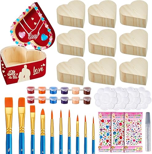 Taiyin Juego de 30 cajas de madera de corazón sin terminar para el día de San Valentín con pinceles de arte, pinturas, paletas, pegamento con