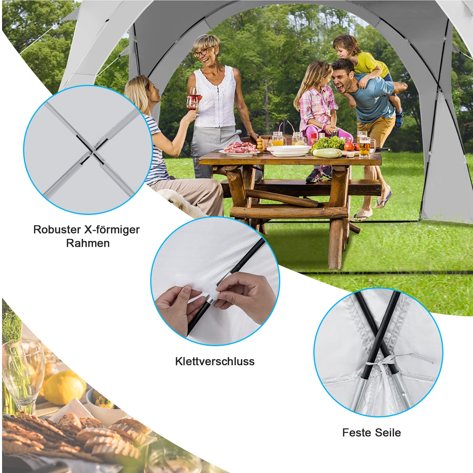 GOPLUS 327 cm x 327 cm namiot chroniący przed słońcem, przenośny namiot plażowy z ochroną UPF 50+, torba do przenoszenia, 16 słupków, 8 linek przeciwwiatrowych, łatwy w montażu baldachim na świeżym powietrzu, na kemping, wędkowanie, piknik, biały