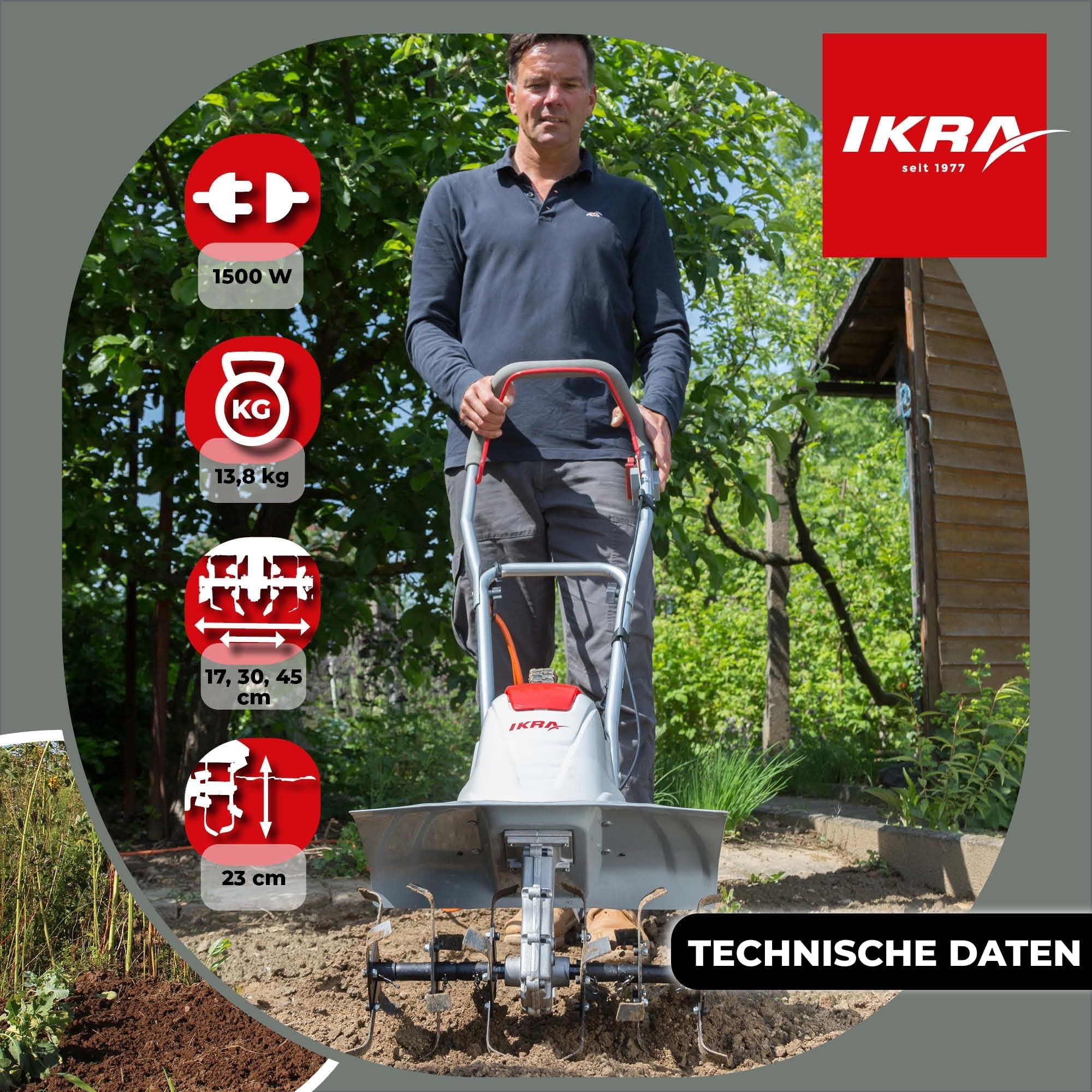 IKRA Elektro Bodenhacke FEM 1500, flexibel 3 Arbeitsbreiten 17, 30 & 45cm | Boden lockern und Saatbett vorbereiten, 1500W, Arbeitstiefe 23cm, Bremssporn, Transportrad, zusammenklappbar, Überlastschutz