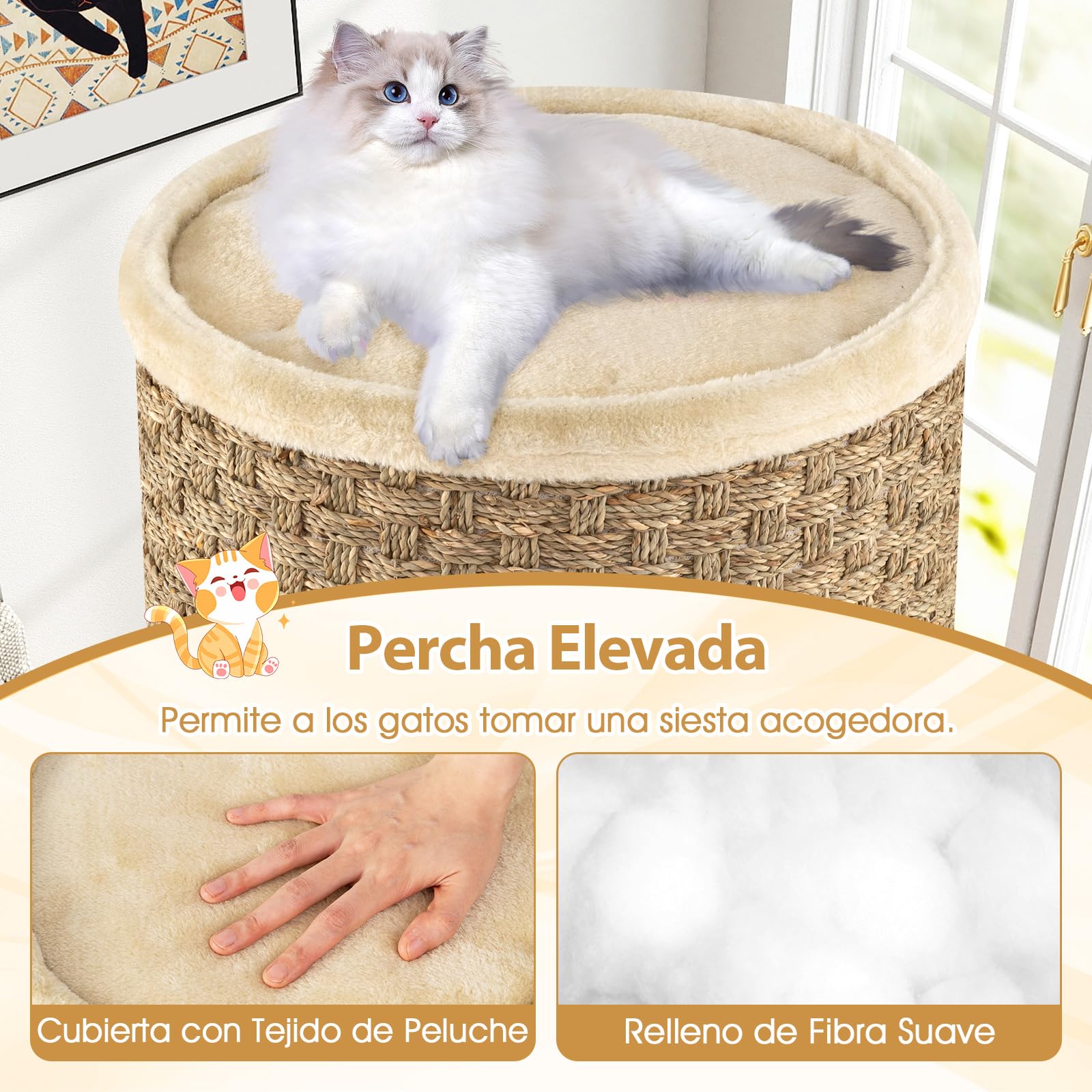 COSTWAY Barril Rascador para Gatos de 3 Pisos, 70 cm Torre para Gatos con Poste Rascado de Sisal con Cama Acolchada, Árbol Rascador para Gato en Forma de Barril, Casa para Gatitos de Interior