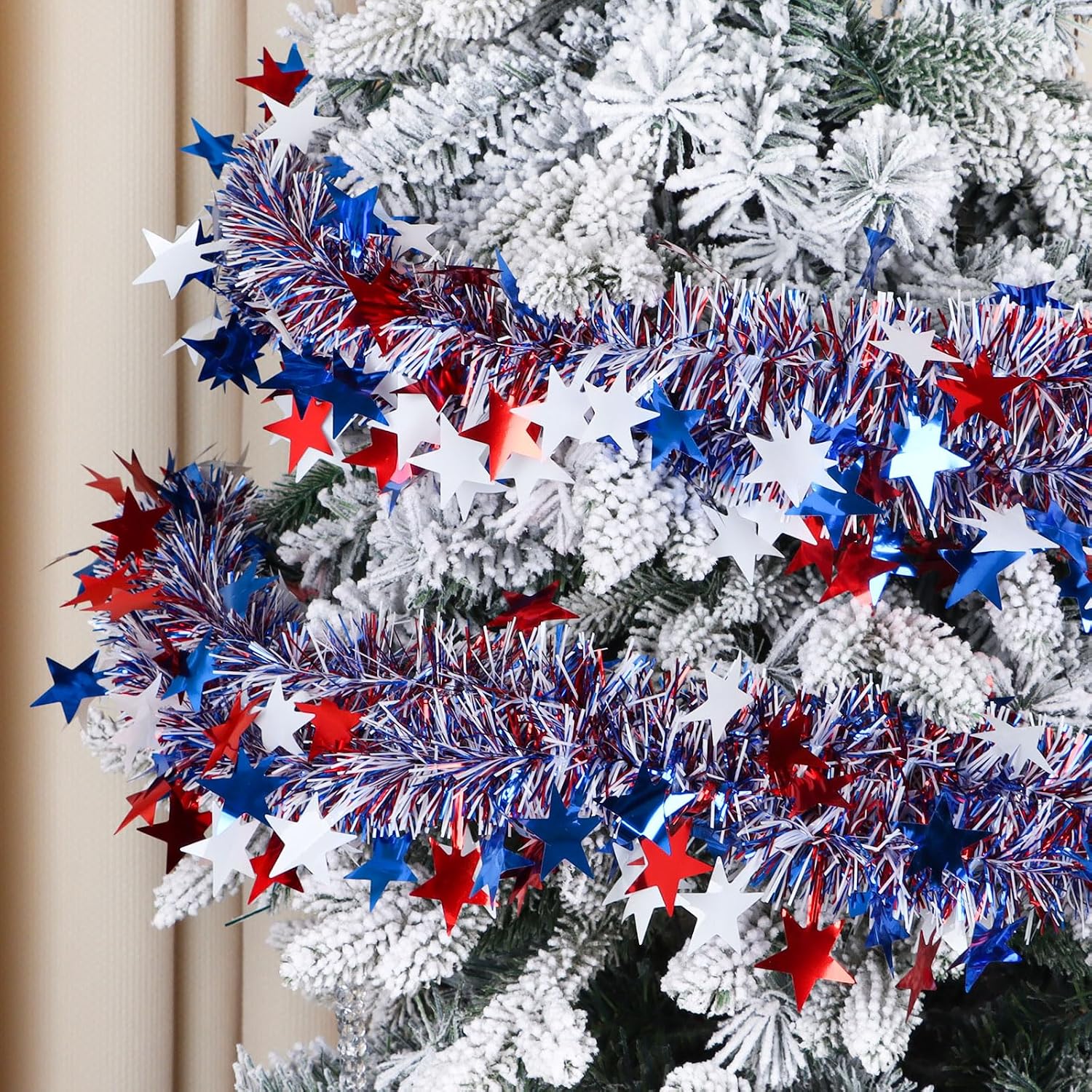 FOIMAS 4th of July Patriotic Tinsel Garland Decoration,33 Ft Garland Hanging Supplies Star Glitter Foil Strip for Tree Home Holiday Party Supplies