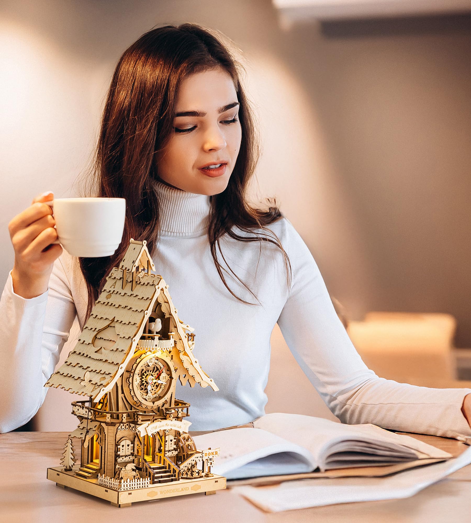 ROKR Kuckucksuhr 3D Holzpuzzle Erwachsene Holzuhr Modellbausätze Geschenk für Männer Frauen Holzfarbe LC901