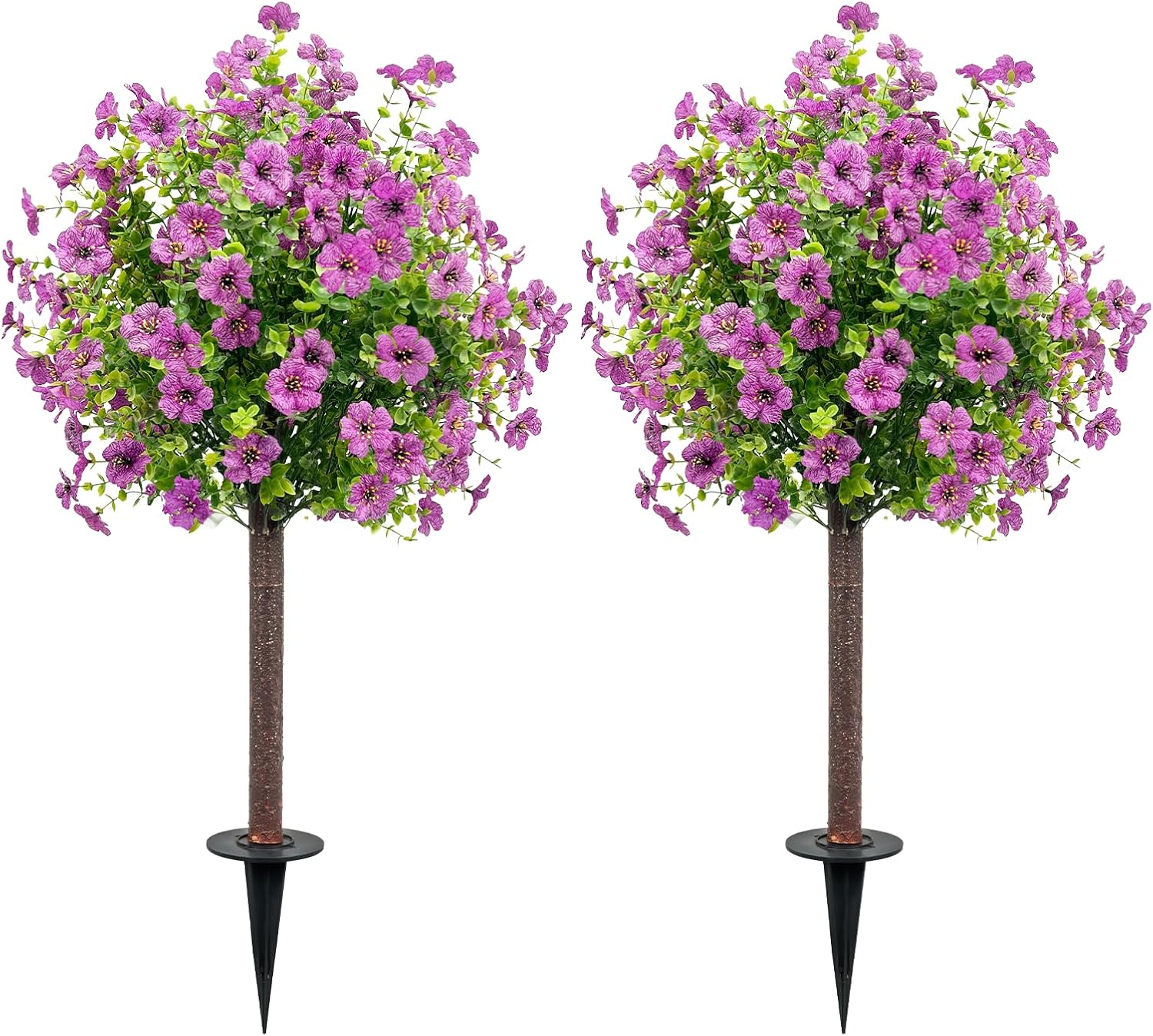 36" Artificial Boxwood Topiary Ball Tree with Ground Spike for Outdoor, 2Pack UV Resistant Faux Greenery Shrubs with Violet Flowers Plants for Garden Yard Front Porch Patio Decor, Purple