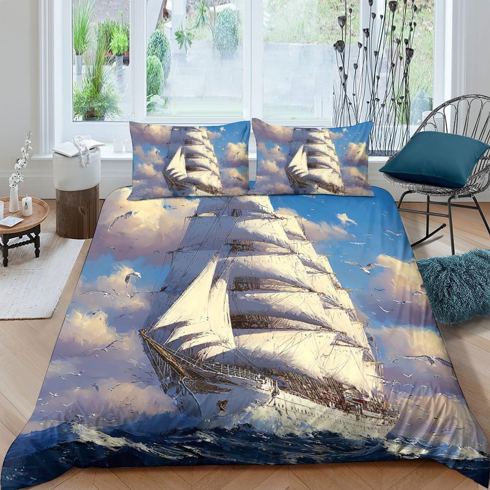 Ctjqhvkz Style-9 3D Printed Sailing Ship Ocean Fitted Sheet Microfiber Anti-Slip Bed Sheet Blue Nautical Mattress Cover Bedroom Decor Single（135X200cm）