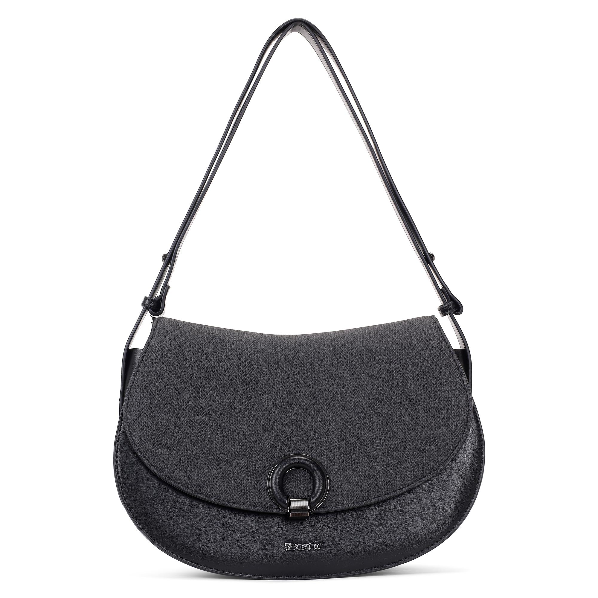 Simone Textured Saddle Bag for Women | Elegant Dual-Tone Shoulder Bag with Circular Ring Hardware & Adjustable Crossbody Strap - Umber Brown-image-41