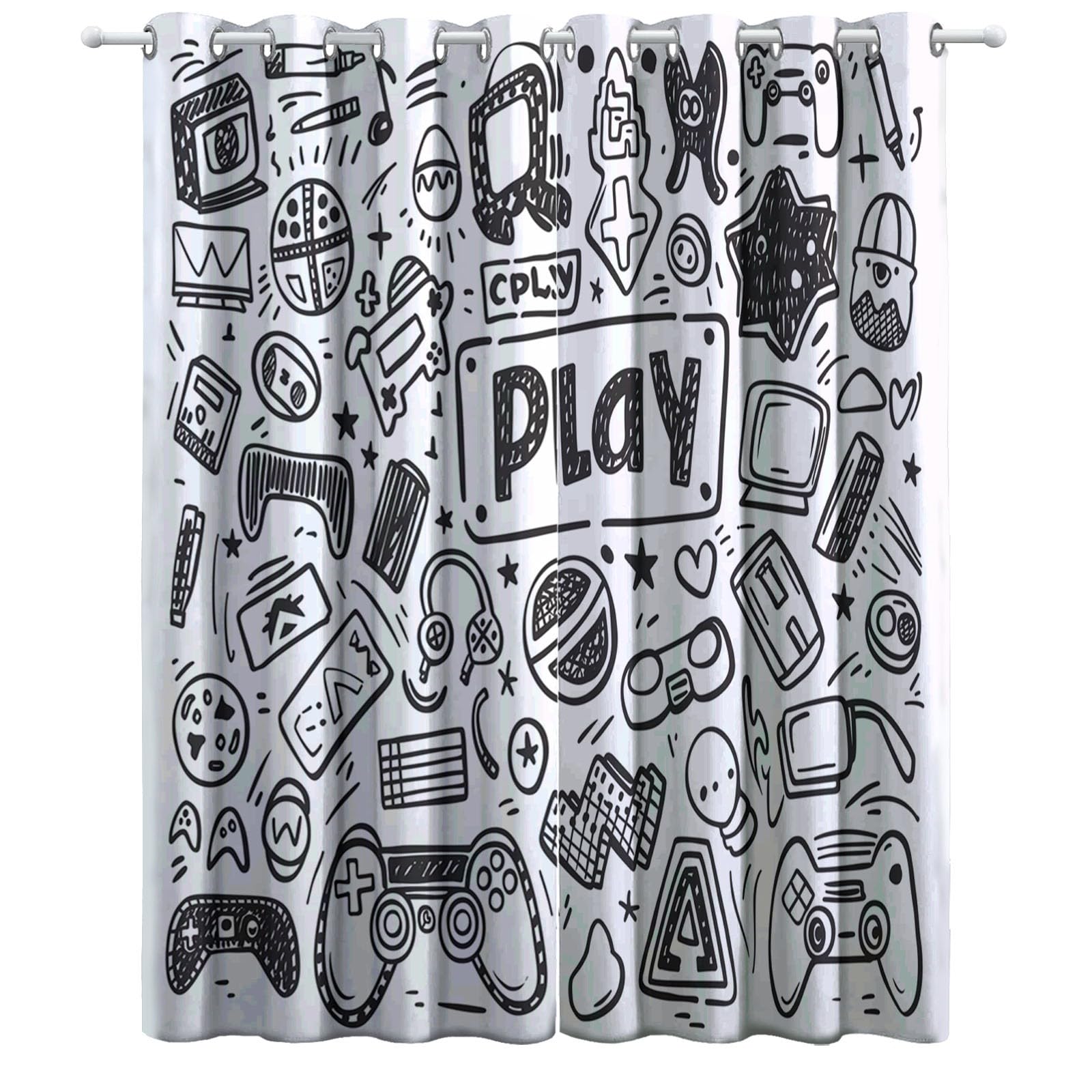 CozyRest White Blackout Curtains for Living Room Bedroom, Video Game Symbols Graffiti Pattern Eyelet ​Thermal Insulated Blackout Curtains for Kids office 110 x 102 inch