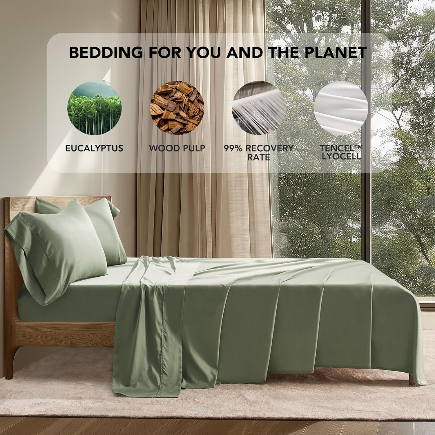 EVERGRACEHOME Cotton Tencel Cooling Sheets Set Queen Size for Hot Sleepers, Luxe Silky Soft Organic Eucalyptus Lyocell Bedding 4-Piece Set, 1 Flat & 1 Deep Pocket Fitted Sheet, 2 Shams, Sage Green - Image 3