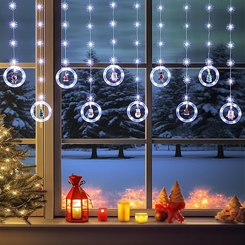 Miniatura 7 de BLOOMWIN Decoraciones navideñas iluminadas para ventana, 10 pies, 120 luces LED de cortina de Navidad con copo de nieve, adornos de carámbanos LED,