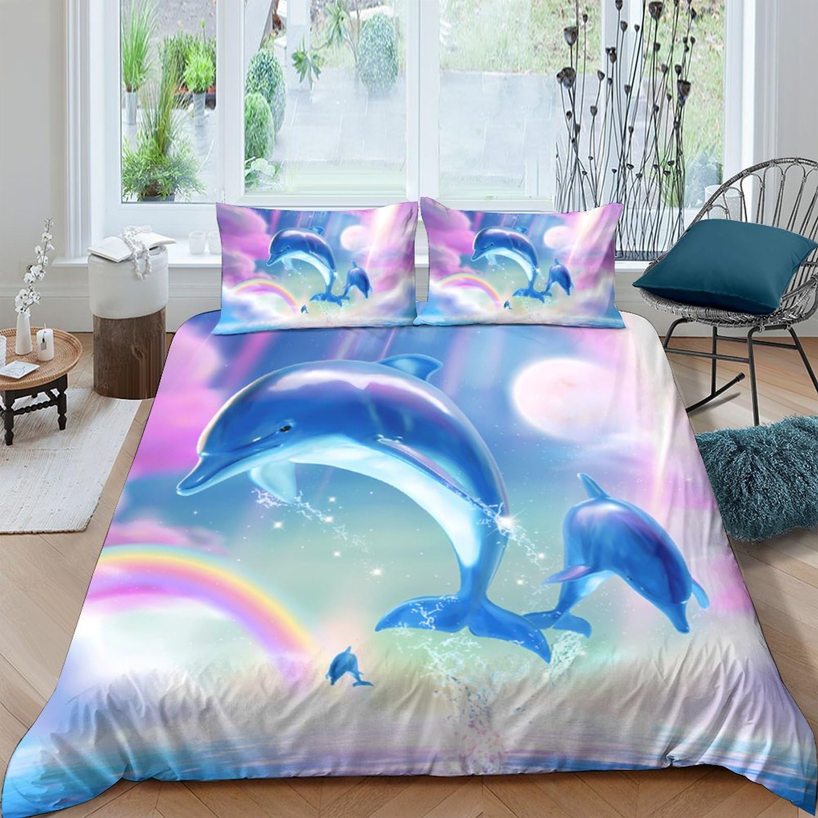 Ctjqhvkz Style-8 3D Printed Dolphin Ocean Fitted Sheet Microfiber Soft Pastel Rainbow Bed Cover For Bedroom Dorm Mattress Decor Single（135X200cm）