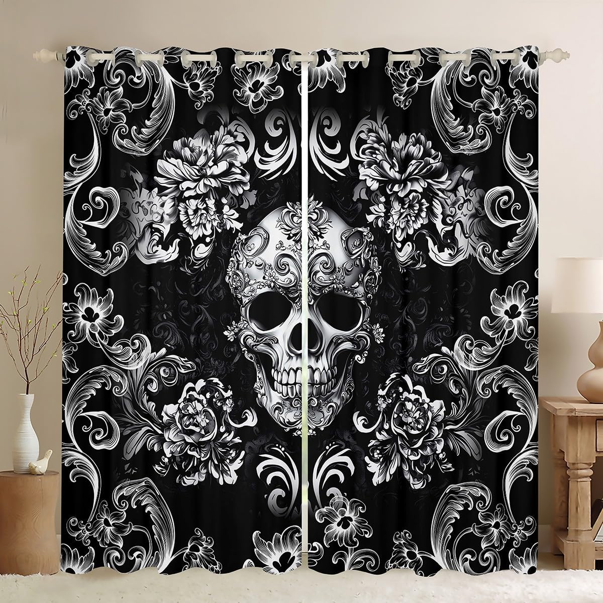 Castle Fairy Gothic Skull Curtains for Bedroom 52Wx90L,Halloween Flower Skeleton Windows Drapes Block 30%-50% Light,Bohemian Victorian Style Retro Floral Window Treatment Room Decoration,2 Panels