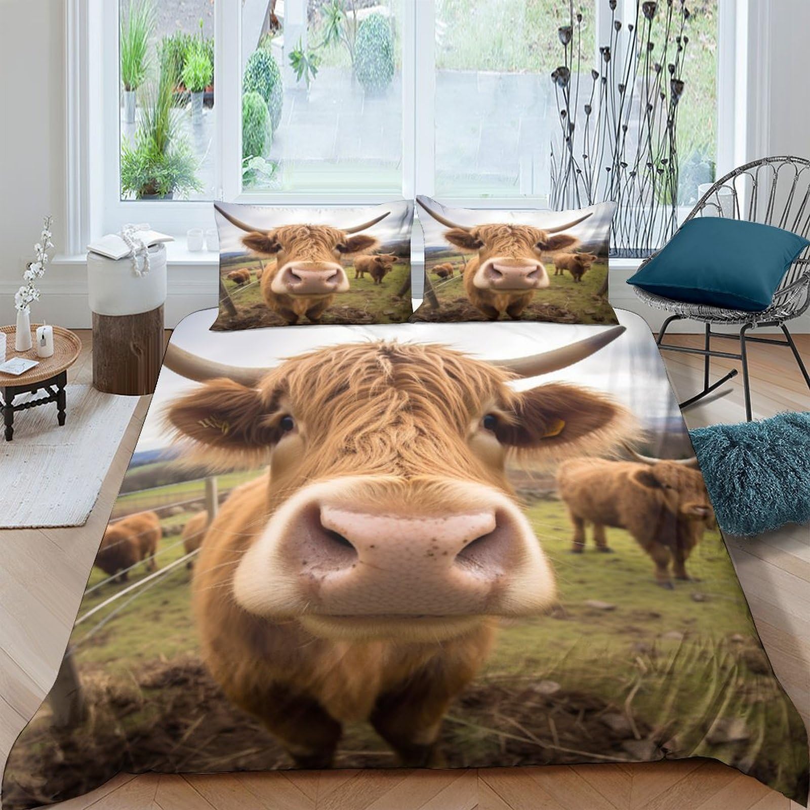 AAHARYA Highland Cattle Duvet Cover Sets 3D Quilt Cover,Cute Cow Comforter Cover Bedding Set for Kids Boys And Girls 3 Piece Set with Zipper Closure Soft Microfiber Double（200x200cm）