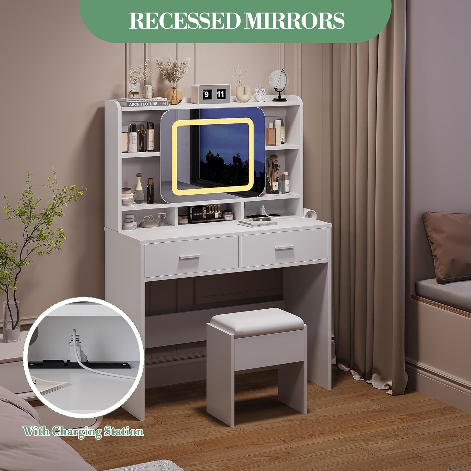 GarveeHome Vanity Desk with Sliding Mirror, Makeup Desk and Stool with Lights in 3 Colors, Girls Vanity Table with Charging Station, 2 Drawers & Storage Shelves for Bedroom, White
