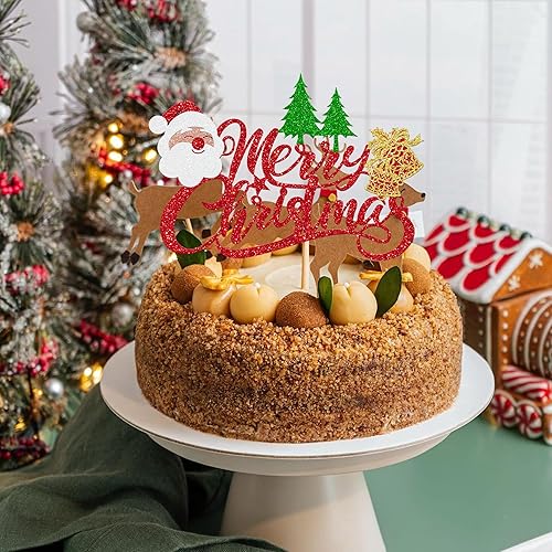 Vista 75 de Rsstarxi 1 paquete de decoración de pastel de Navidad con purpurina verde y rojo hojas de acebo y bayas, sombrero de Papá Noel, barba, decoración