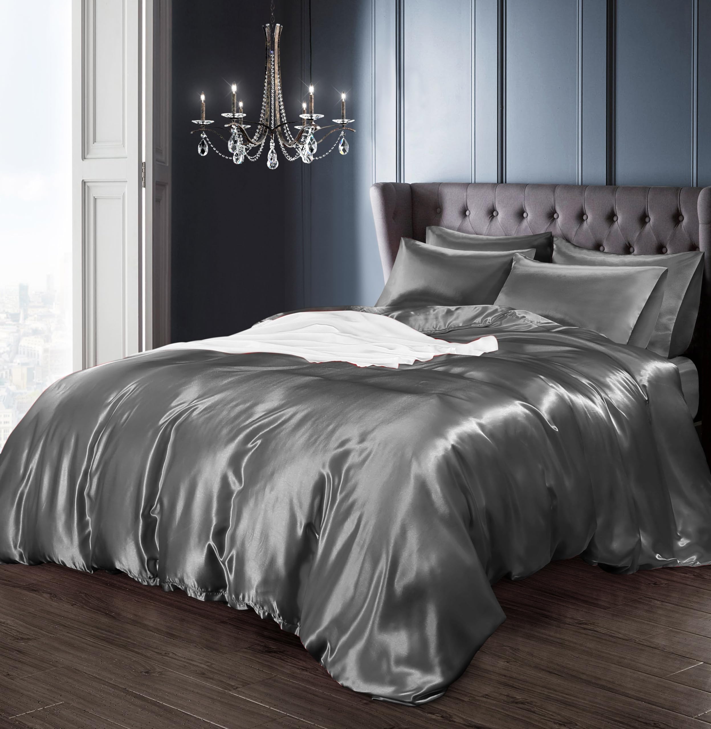 Intimates Satin Silky Bedding Sets Duvet Cover, Fitted Sheet and Pillowcases Easy Care Duvet Cover Complete Set (Super King, Silver) — image 1