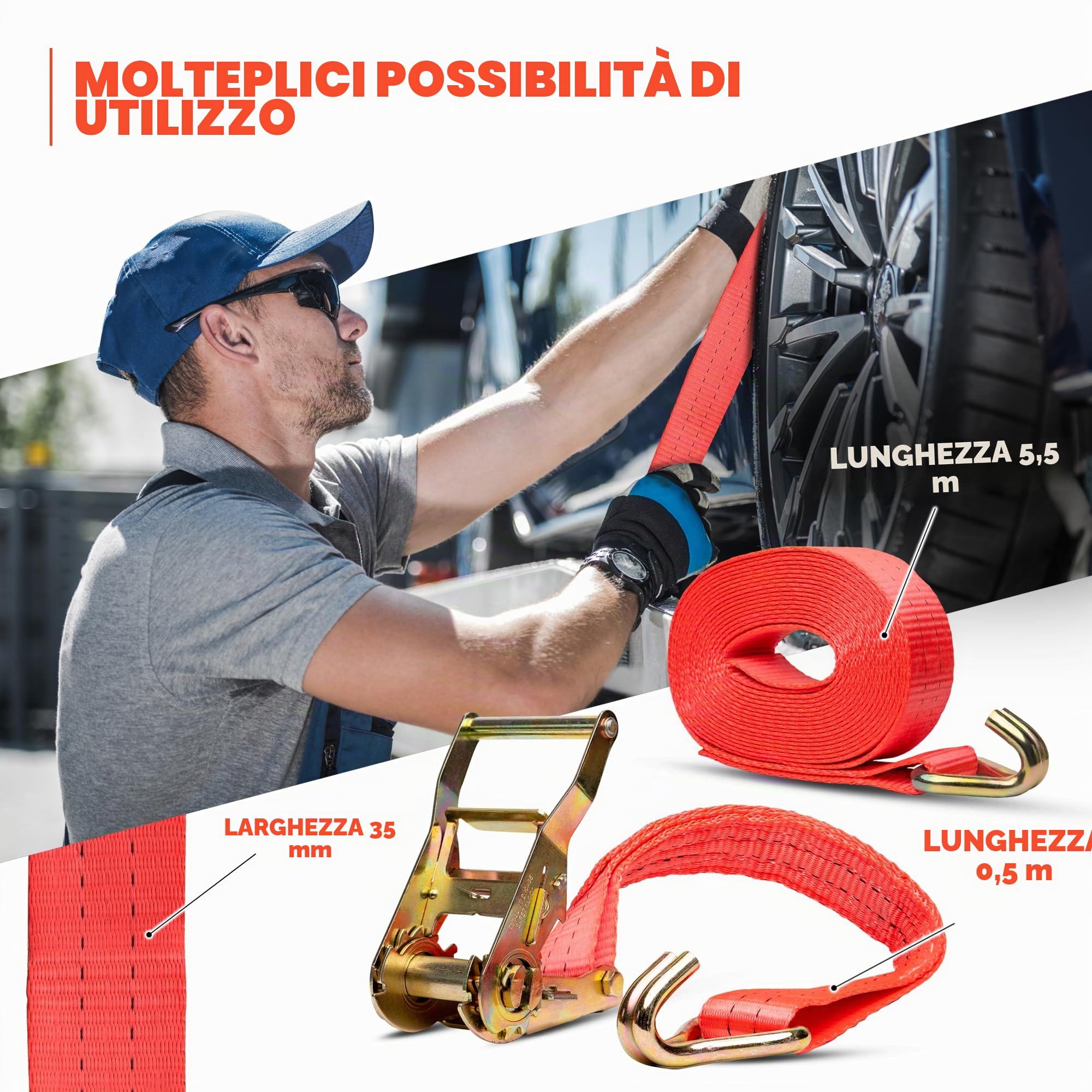 NTG 10 cinghie di tensionamento con cricchetto - ganci 2000 kg 6 metri - certificate TÜV/GS - 2 pezzi larghezza 35 mm - cinghie di fissaggio - certificate TÜV GS e conformi alla norma DIN EN 12195-2