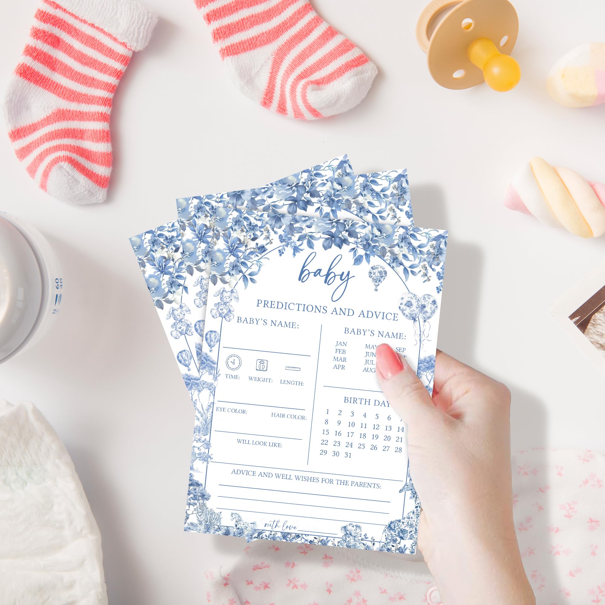 Karty z prognozami i poradami dla niemowląt na baby shower, 25 niebieskich płóciennych kart z poradami i pozdrowieniami dla nowych rodziców, zabawne gry ujawniające płeć dla chłopca lub dziewczynki