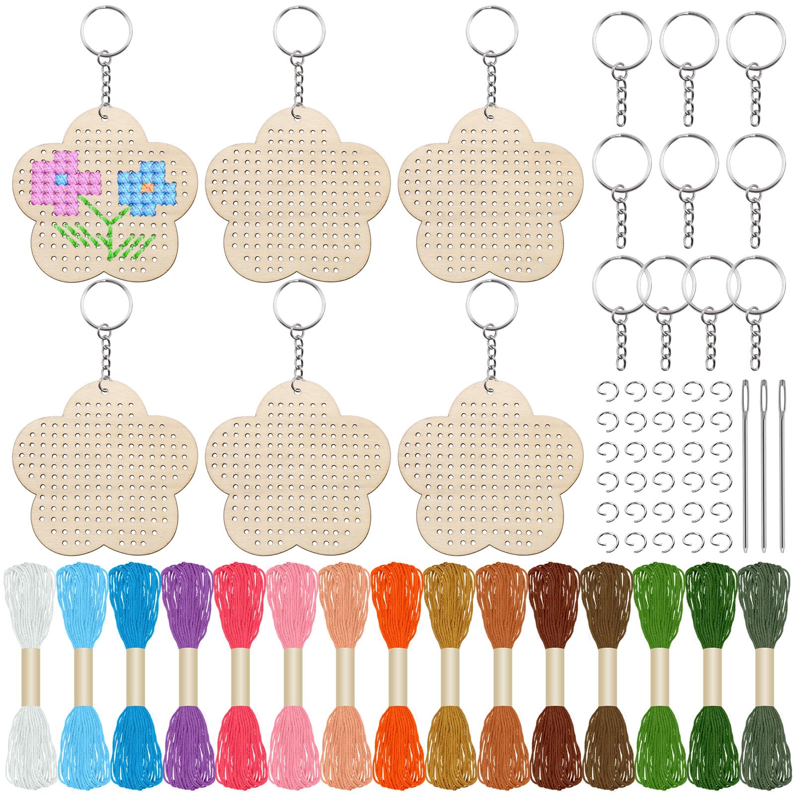 Tanstic 6 Stück hölzerne Kreuzstich-Kit, Blume Ornamente Kreuzstich Schlüsselanhänger Kreuzstich Holzspan Holz Nähset für Anfänger, Craft Lover