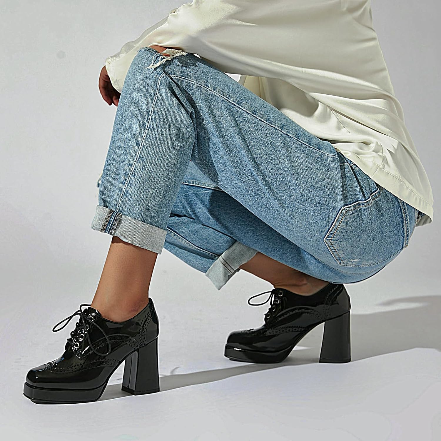 Women Square Toe Oxford Shoes Patent Leather Lace up Chunky Heel Brogue Booties Platform High Heel Pumps