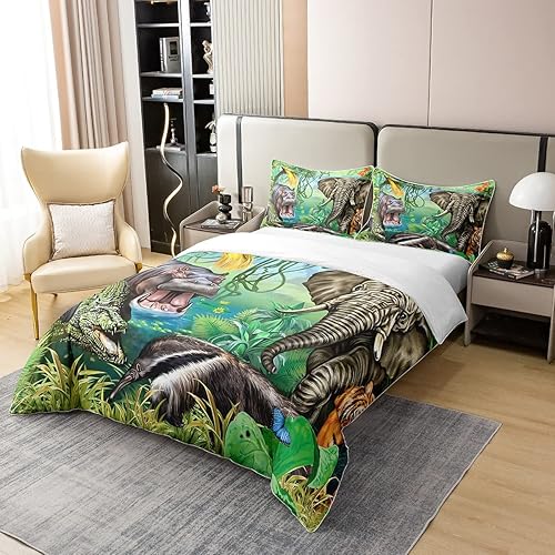 Miniatura 2 de Funda de edredón 100% algodón con diseño de animales de la selva, tamaño Queen, juego de ropa de cama de cocodrilo, hipopótamo, elefante, tigre,