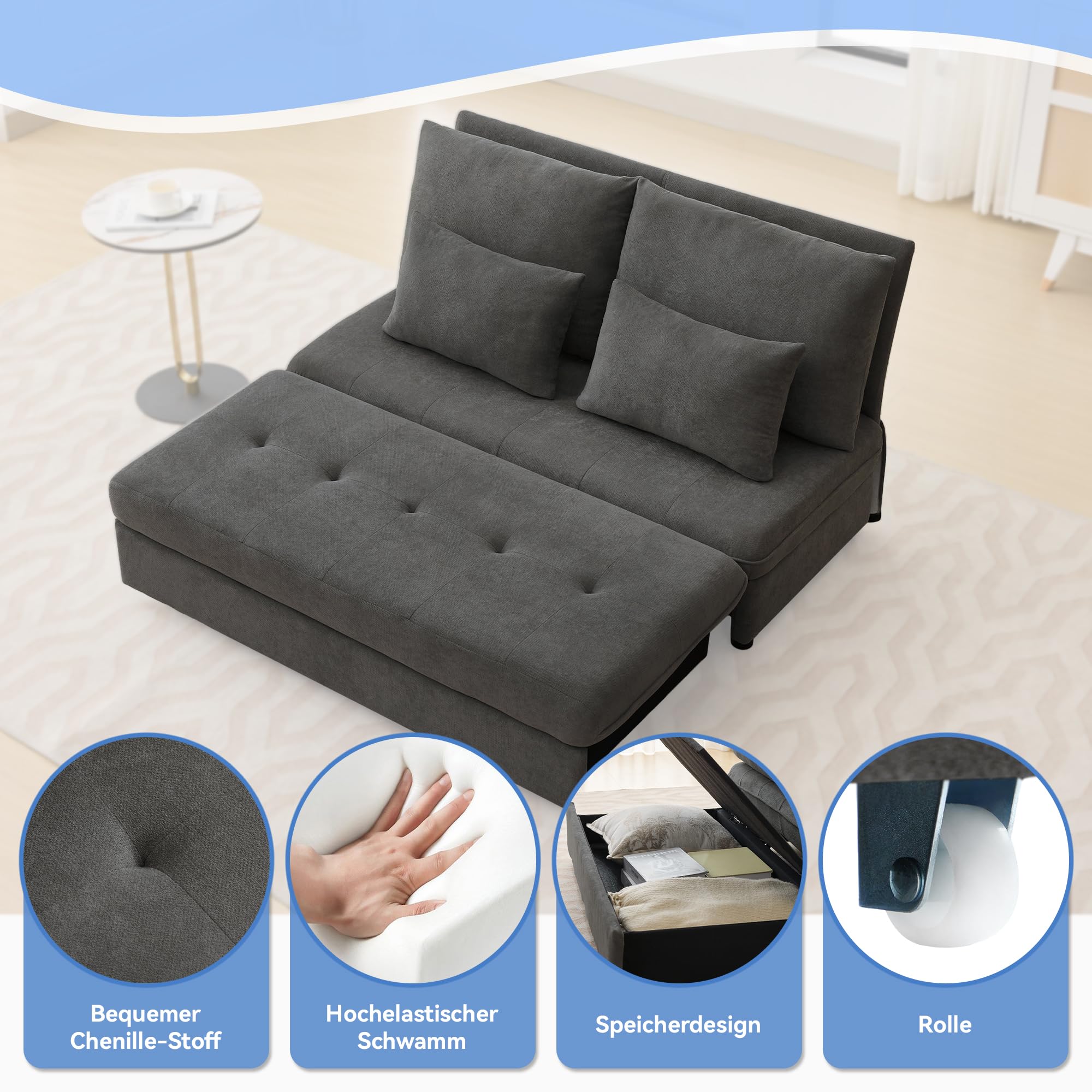 Doppelsofa, Polstersofa, klappbares Schlafsofa,Schlafsofa mit Schlaffunktion, Chenille-Stoff, Dicke Kissen, ausziehbare Aufbewahrungsbox. Geeignet für Wohnzimmer (Grau)