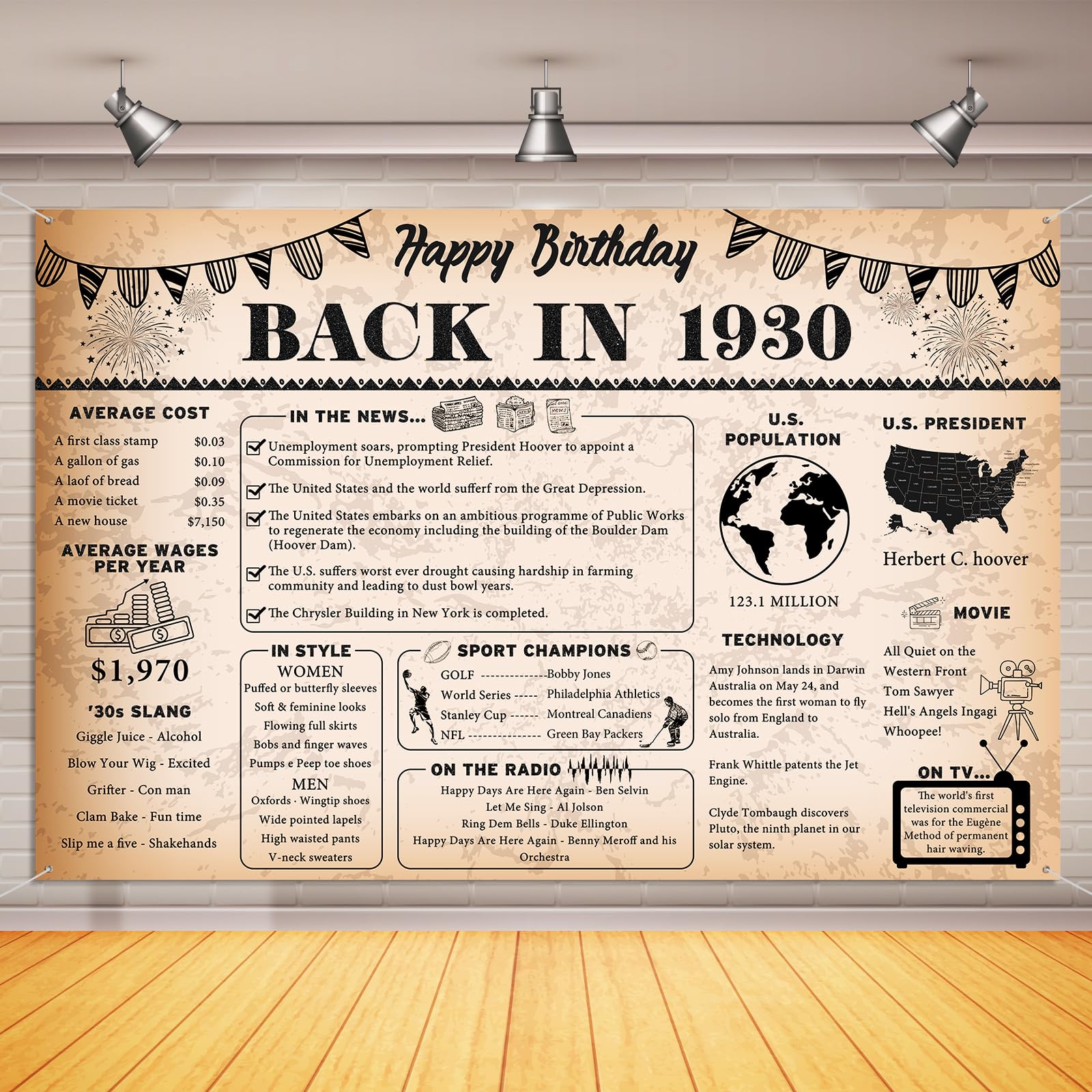 95th Birthday Decorations Vintage Back in 1930 Backdrop Banner, 6 x 4 ft Vintage 1930 Happy Birthday Photography Background Supplies