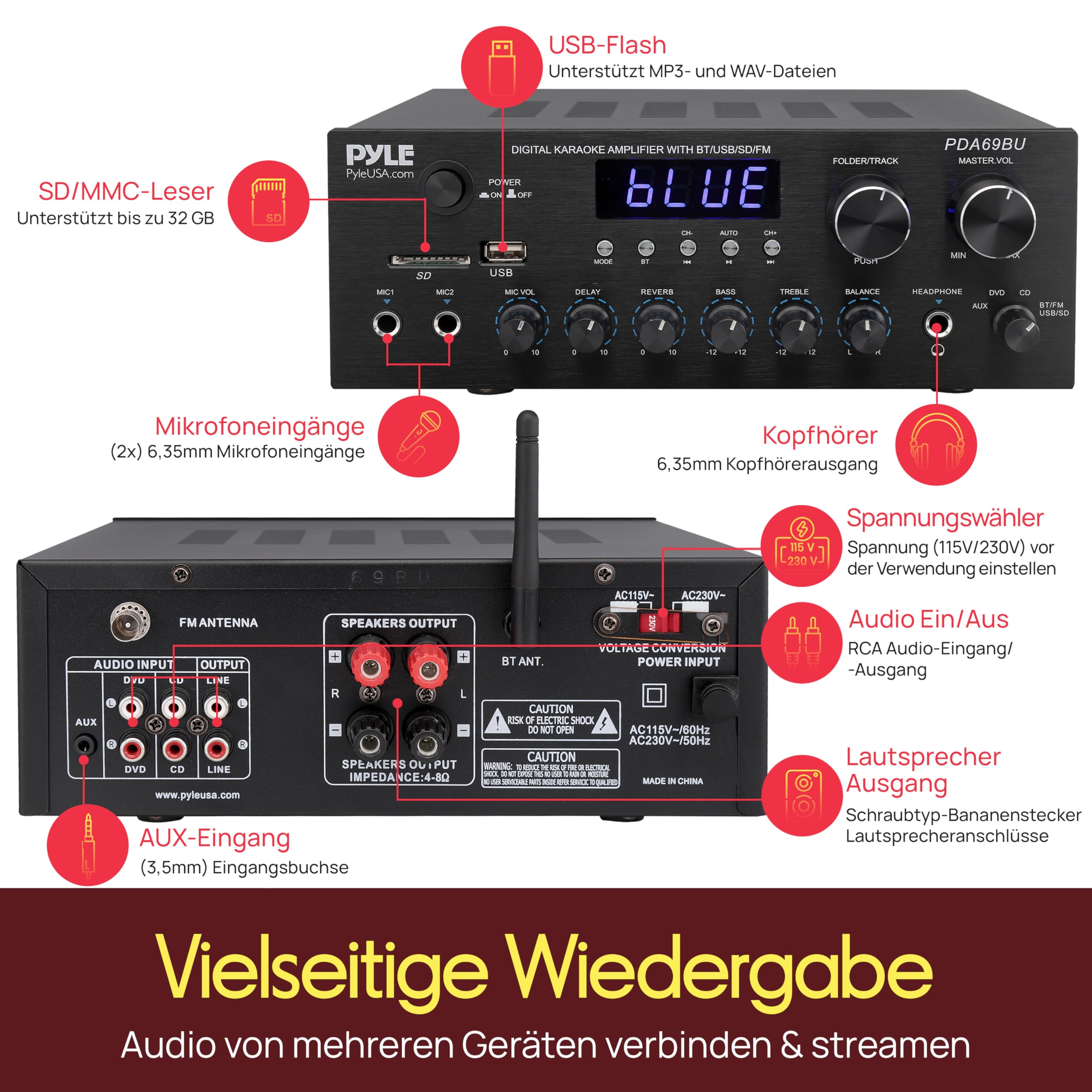 Pyle Stereo Amplifier Audio Receiver with Remote Control - Bluetooth Streaming, MP3/USB/SD/FM Radio, 2.0 Channel HiFi Sound System with RCA/Aux Inputs, Microphone & Headphone Jacks, Adjustable Bass